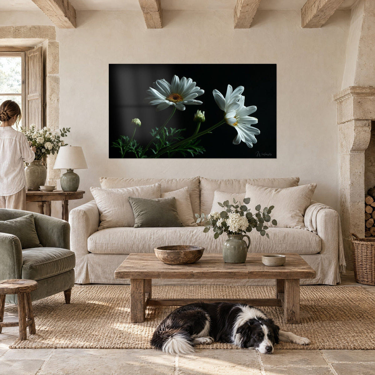 Gemälde weiße Gänseblümchen in einem Lichtschein auf tiefem Schwarz, elfenbeinfarbene Blütenblätter und goldenes Herz, liegender Collie, über einem Sofa in einem hellen Wohnzimmer