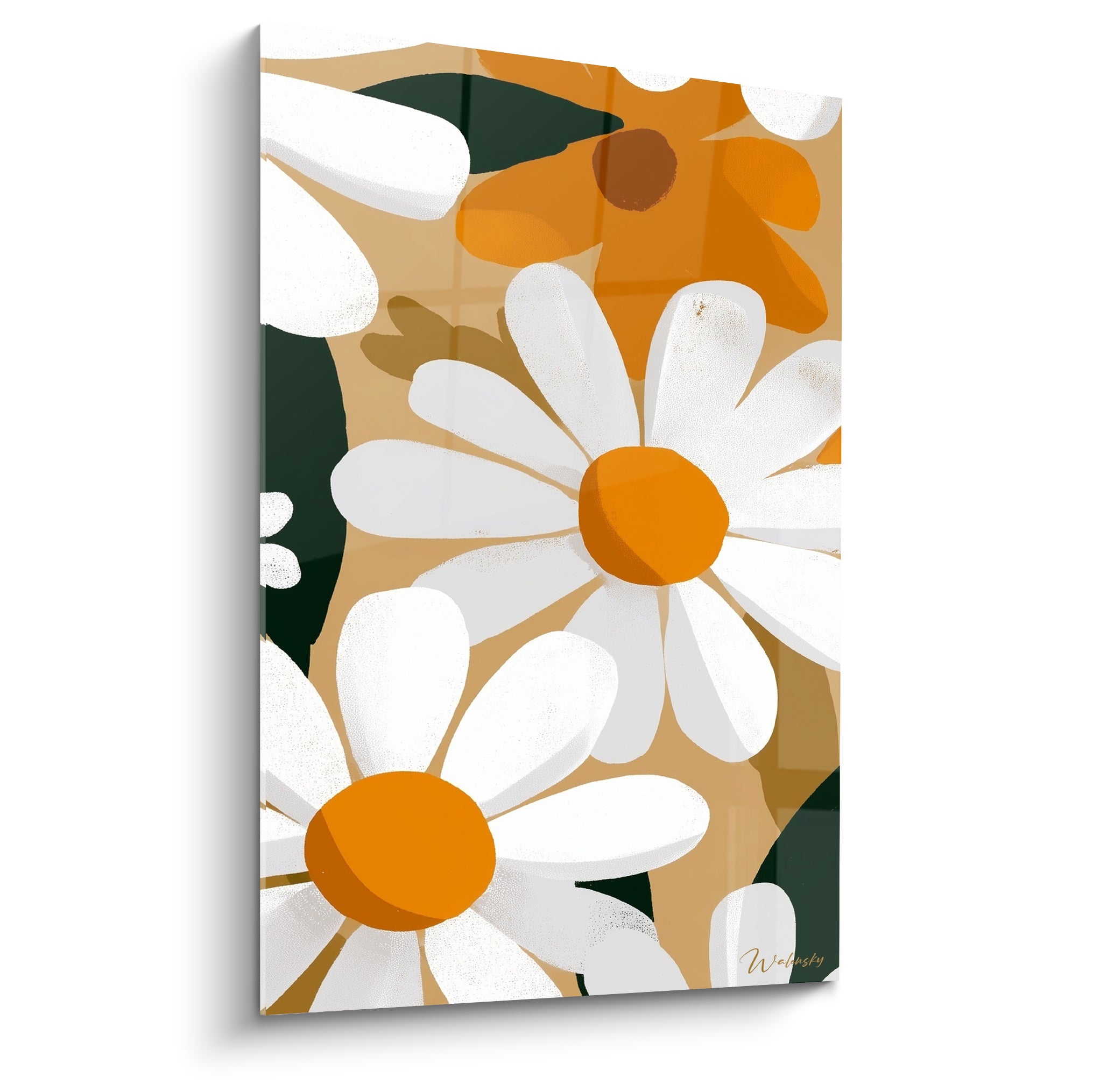 Marguerites blanches aux cœurs orange vif sur fond ocre et vert sombre en aplats graphiques