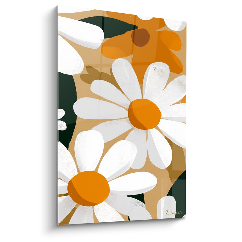 Tableau Marguerites blanches et orange aux formes géométriques découpées - Feuilles vert sombre anguleuses - Edition Marguerite