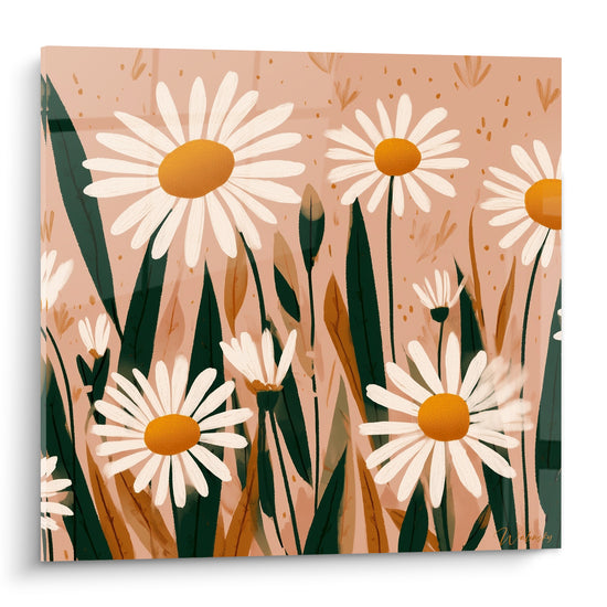 Marguerites blanches aux cœurs orangés sur fond rosé, feuillage vert sombre et brun en illustration