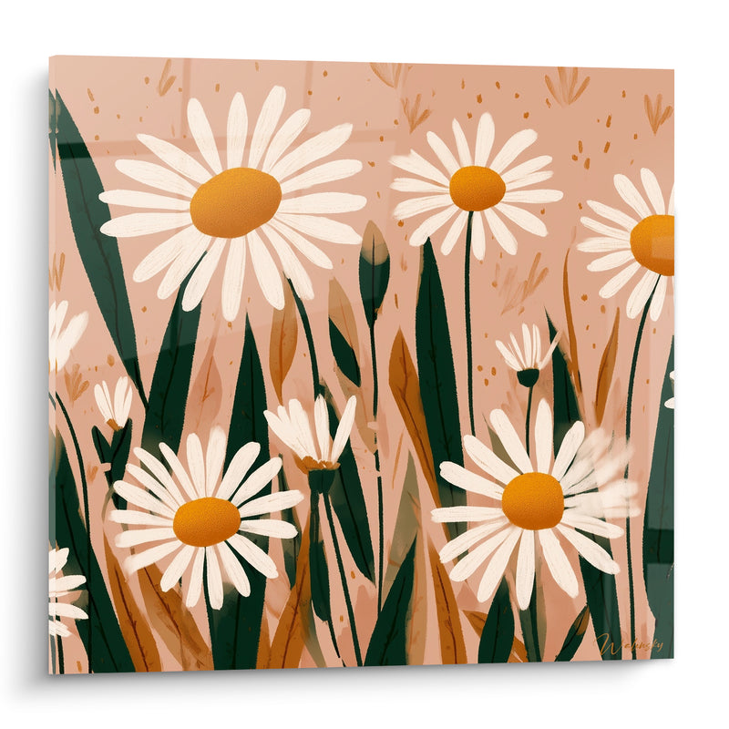 Tableau Marguerites blanches aux cœurs orangés sur fond rosé - Champ ensoleillé - Edition Marguerite