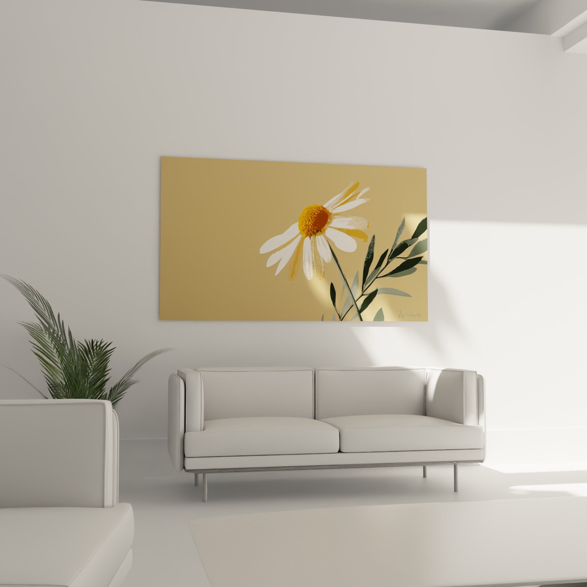 Pétales blancs et cœur ocre d'une marguerite au-dessus d'un canapé dans un salon lumineux