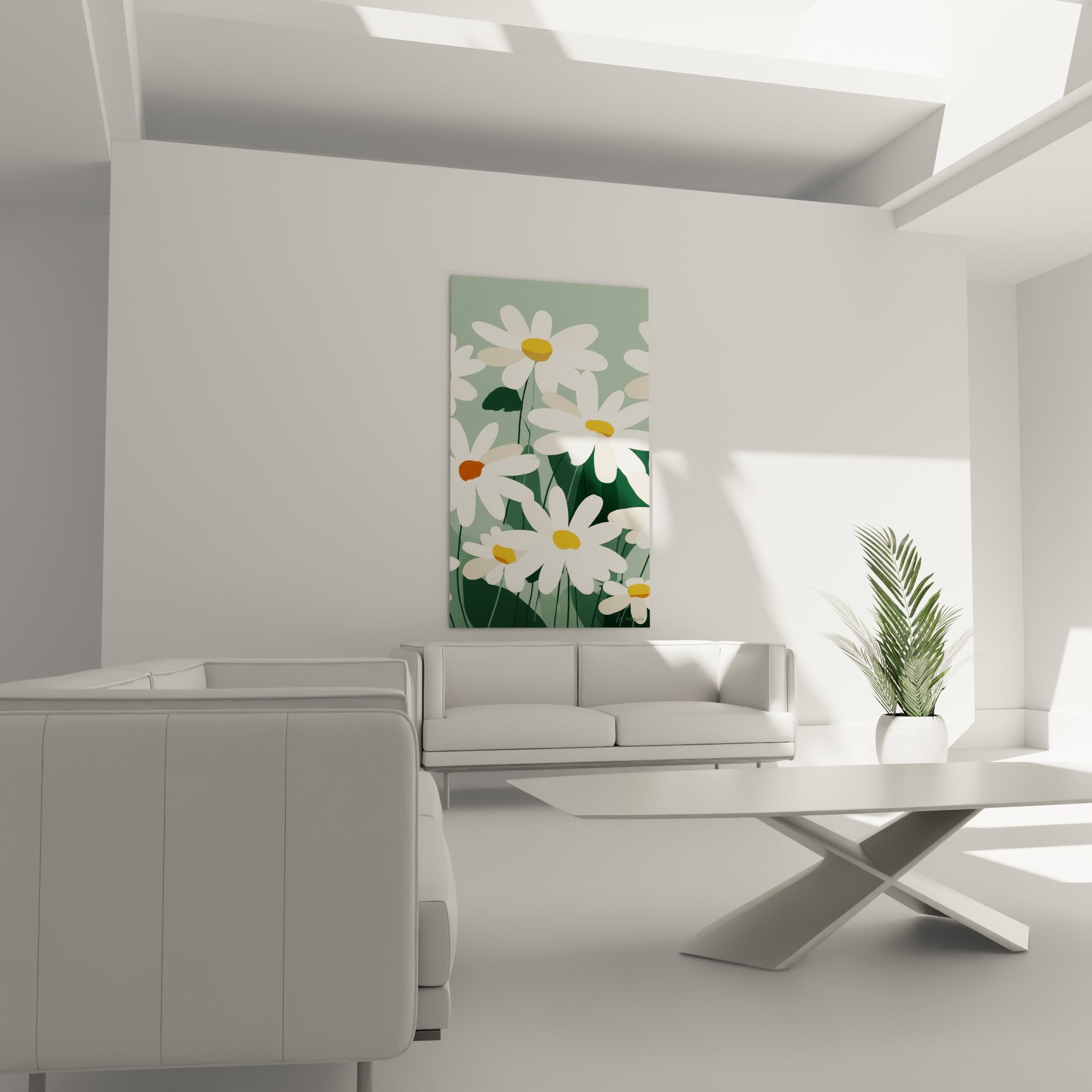 Pétales blancs et fond vert profond du Marguerite au-dessus d'un canapé dans un salon lumineux