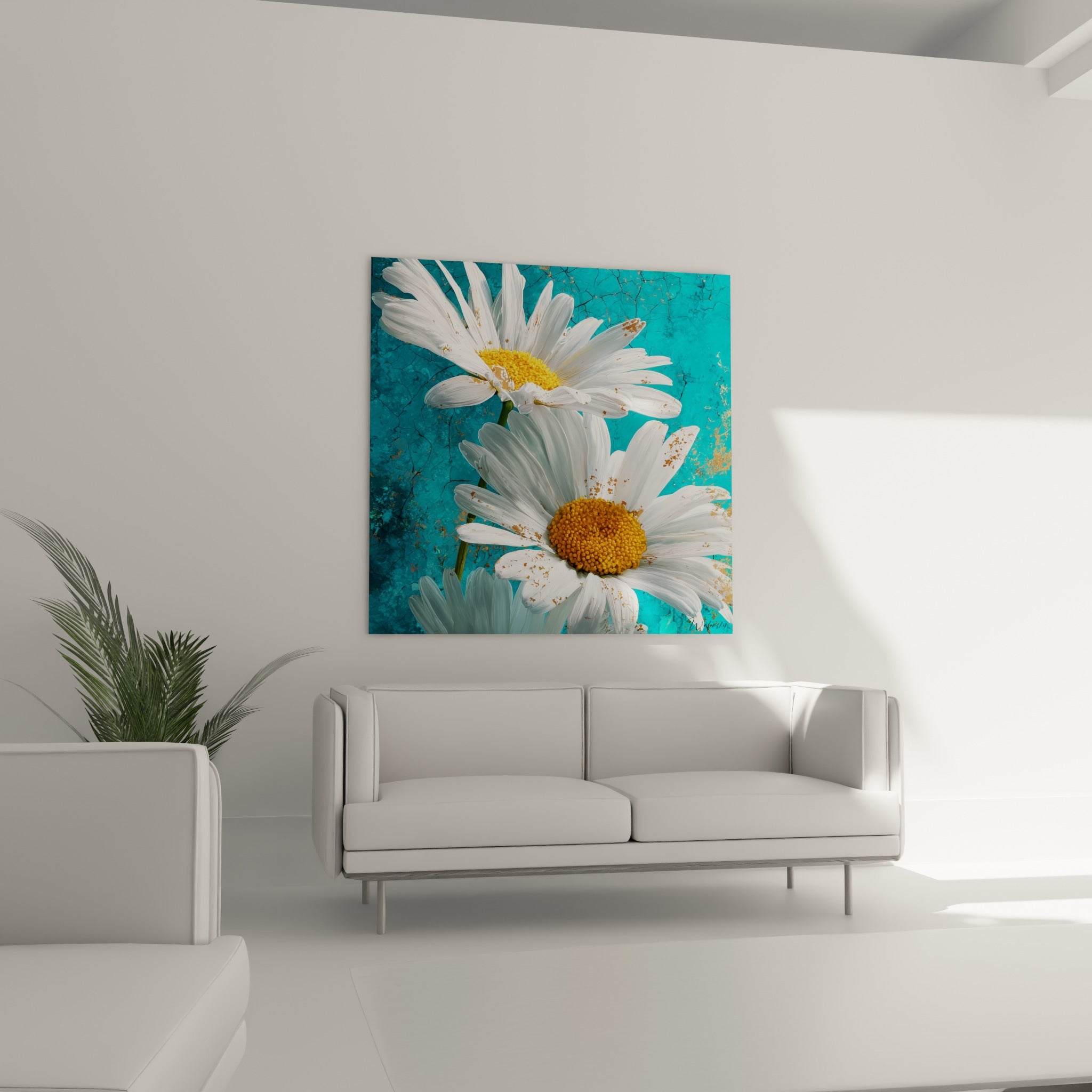 Pétales blancs et cœurs jaune ocre sur fond turquoise, au-dessus d'un canapé dans un salon lumineux