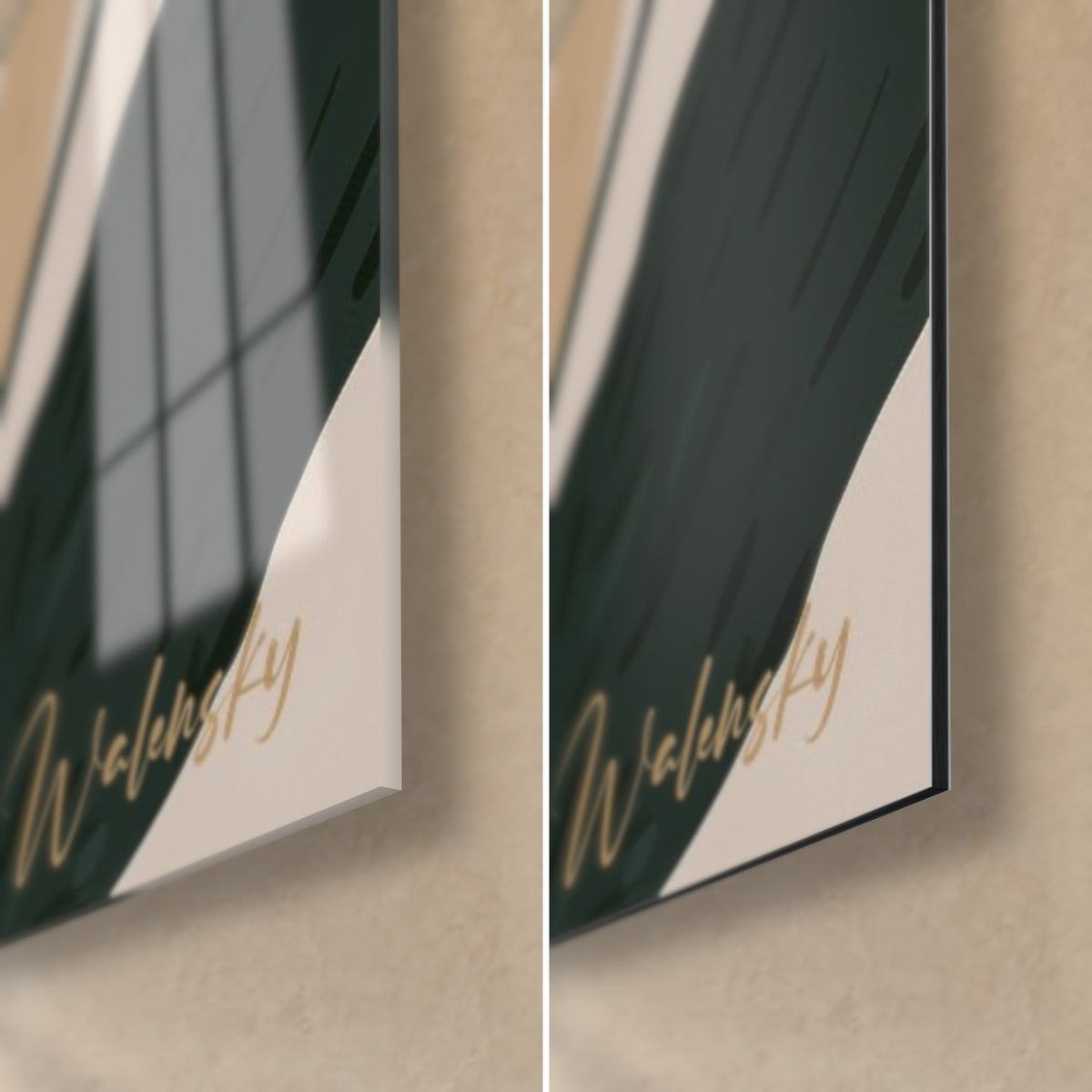Quadro con bouquet di margherite, angolo in basso a destra: vetro acrilico lucido con riflessi, Dibond bianco opaco, bordo di 3 mm verde scuro