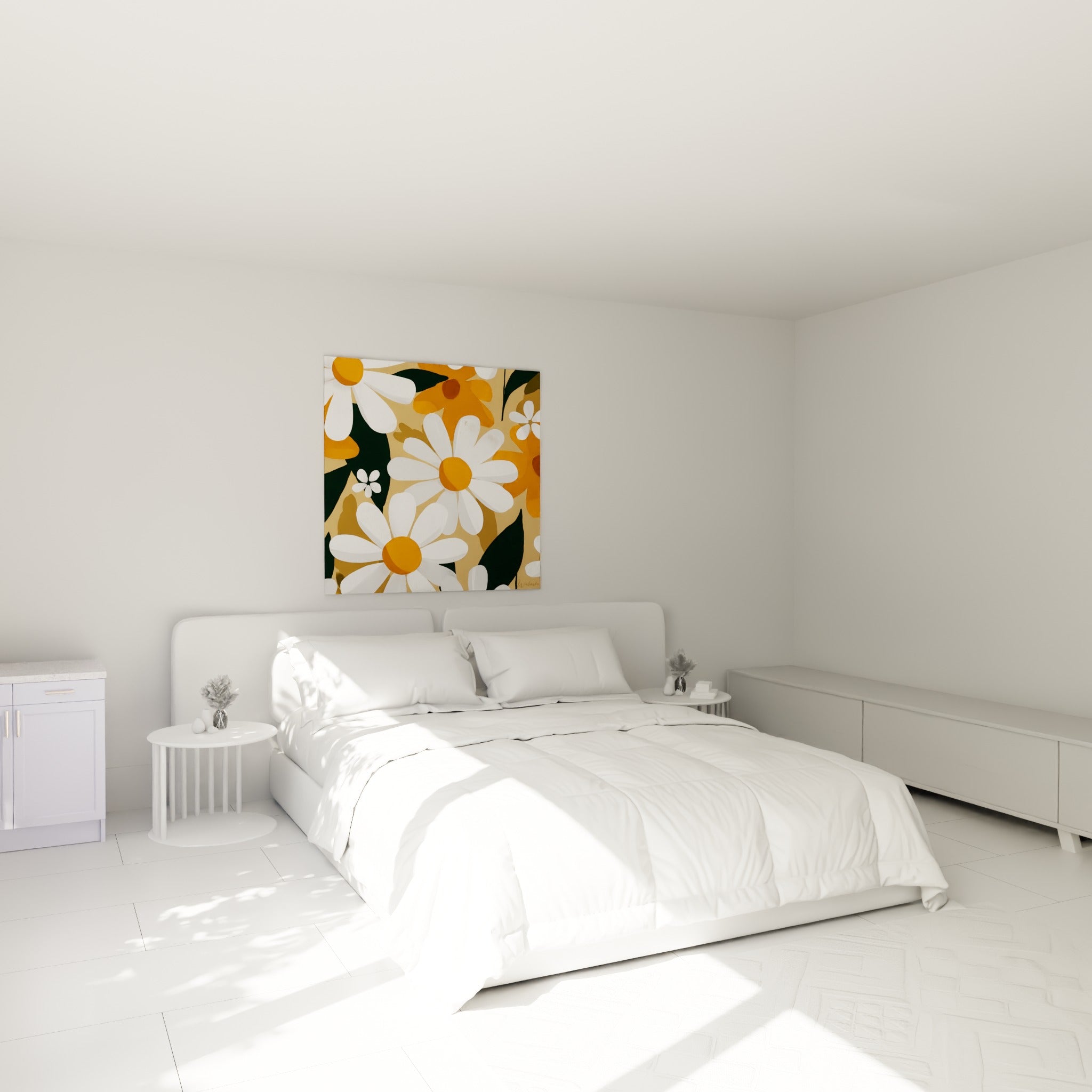 Fleurs blanches et orange de Marguerite accrochées au-dessus d'un lit dans une chambre claire