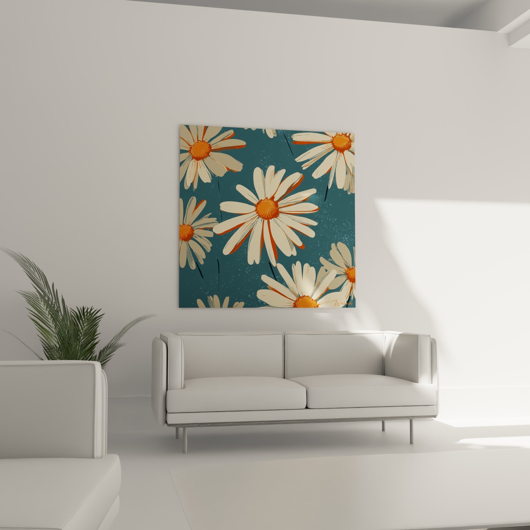 Marguerites bleu pétrole et orange composent un tableau suspendu au-dessus d'un canapé dans un salon lumineux