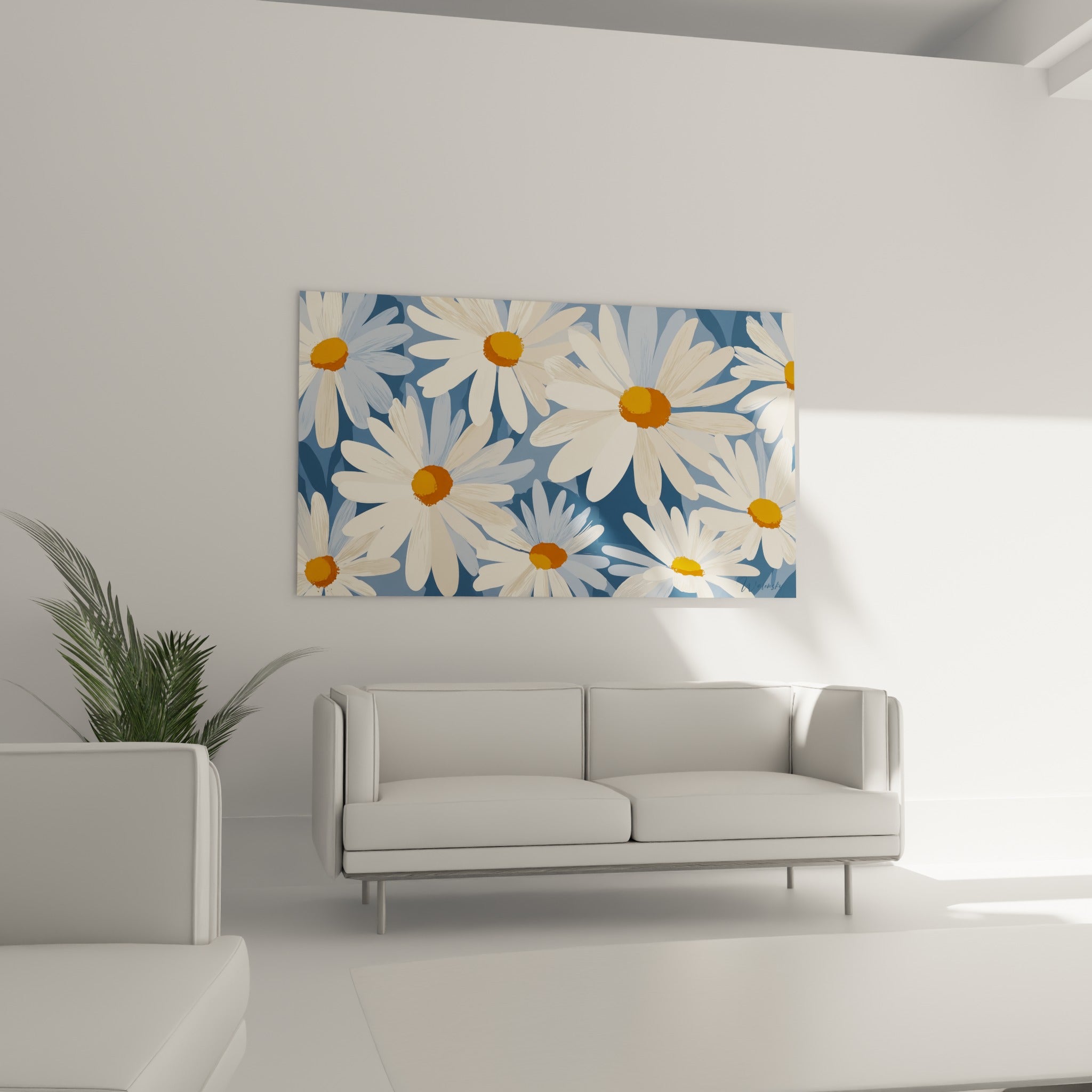 Pétales blancs et cœurs dorés des marguerites installés au-dessus d'un canapé dans un salon lumineux