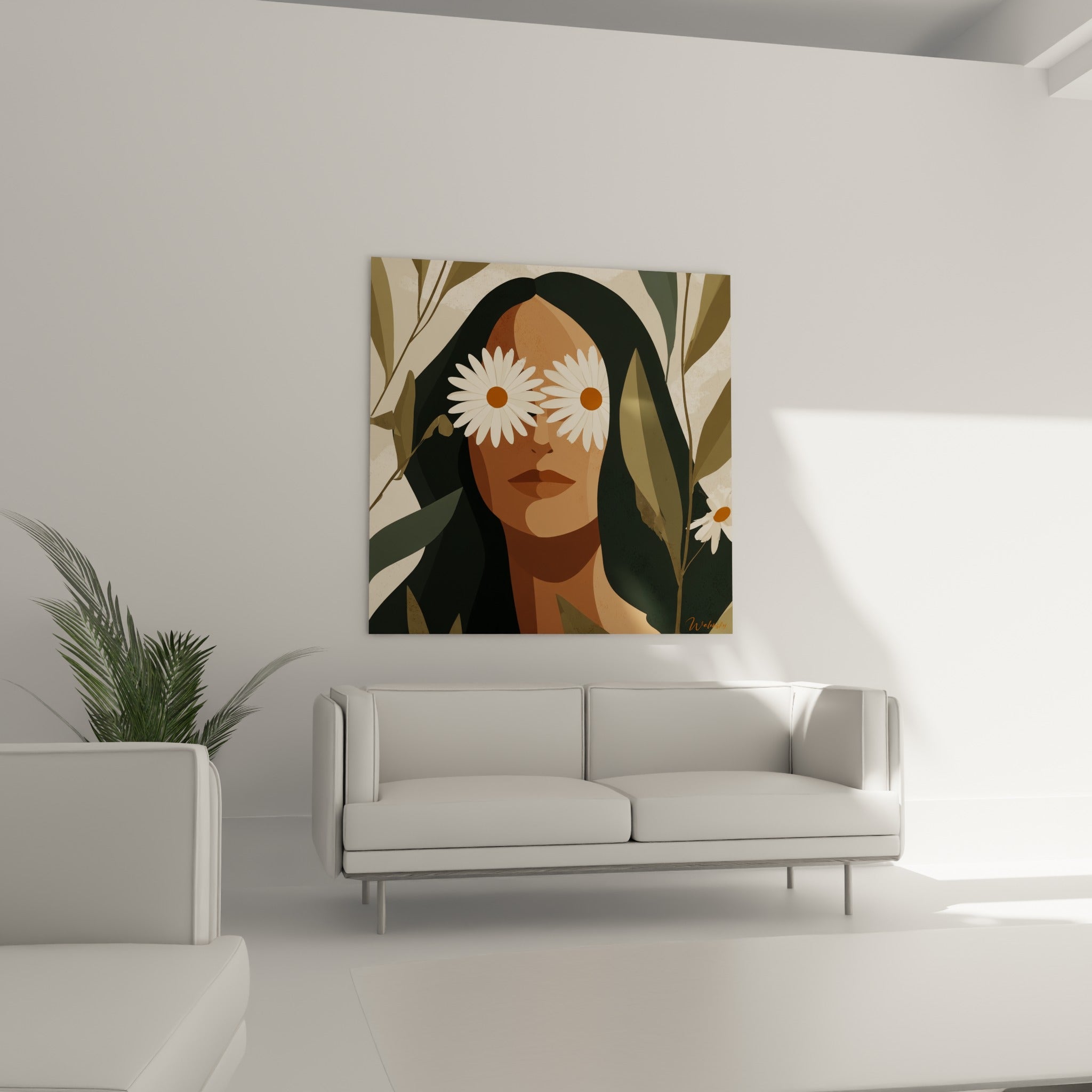 Portrait Marguerite au feuillage crème et anthracite, fleurs blanches sur le regard, au-dessus d'un canapé dans un salon lumineux
