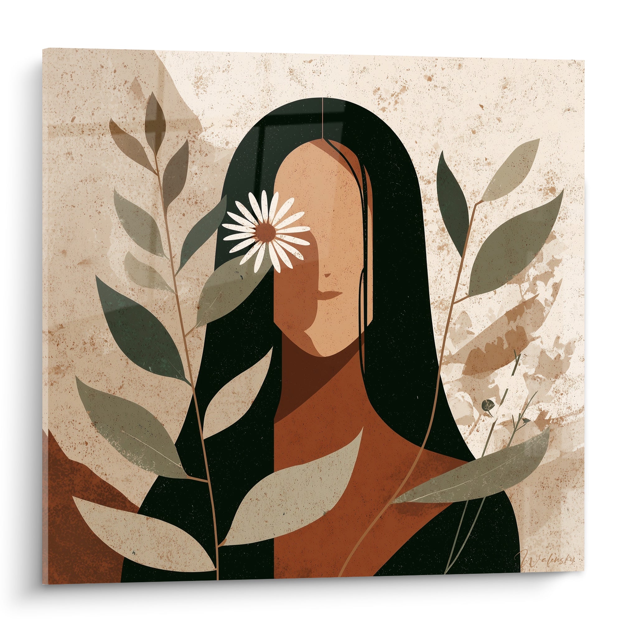 Silhouette au visage voilé par une marguerite blanche, chevelure noire et fond beige texturé