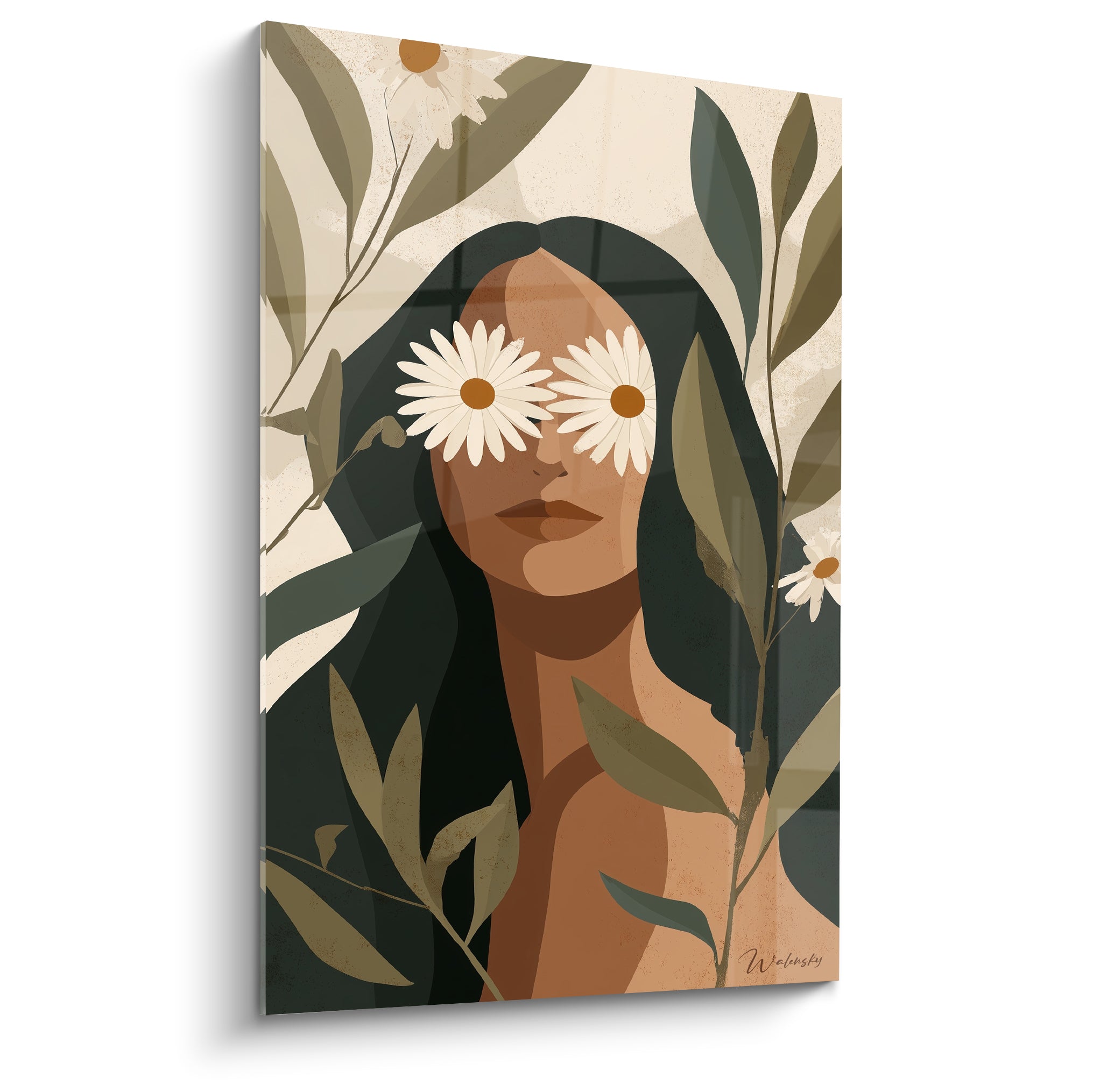 Marguerite en portrait stylisé, peau terracotta, feuillage vert olive et fleurs blanches sur les yeux