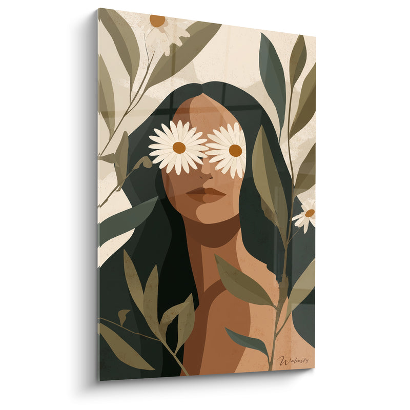 Tableau Portrait vert olive et terracotta aux fleurs blanches - Regard végétal - Edition Marguerite