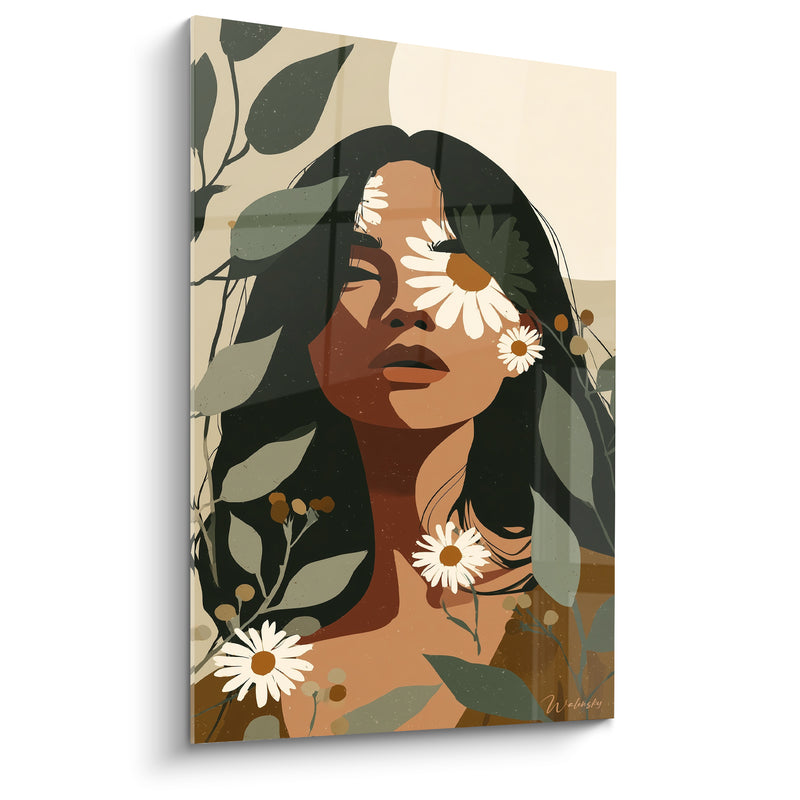 Tableau Portrait brun et vert visage renversé en arrière - Baies orangées éparses - Edition Marguerite