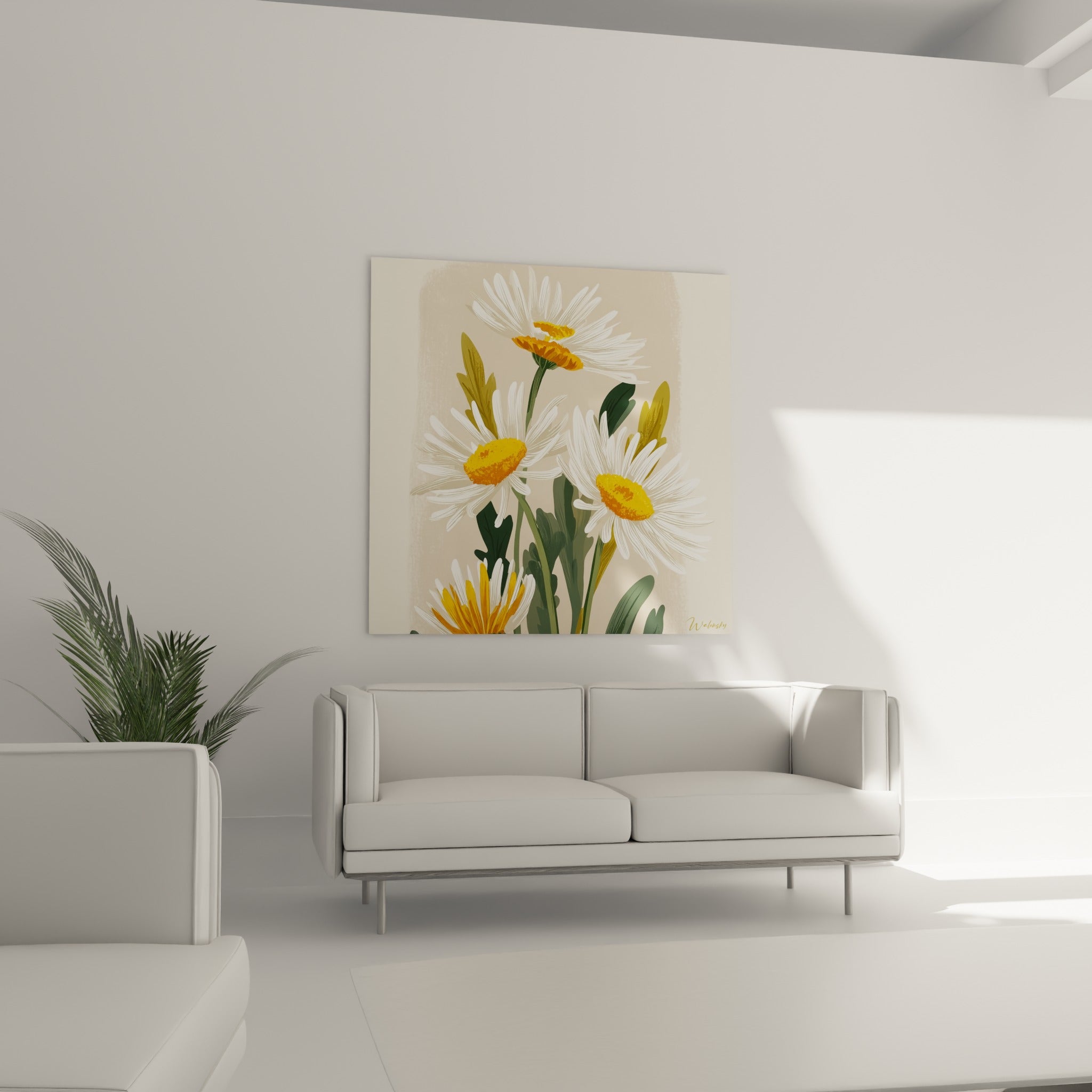 Fleurs de marguerite blanche et cœurs orangés surplombent un canapé dans un salon lumineux