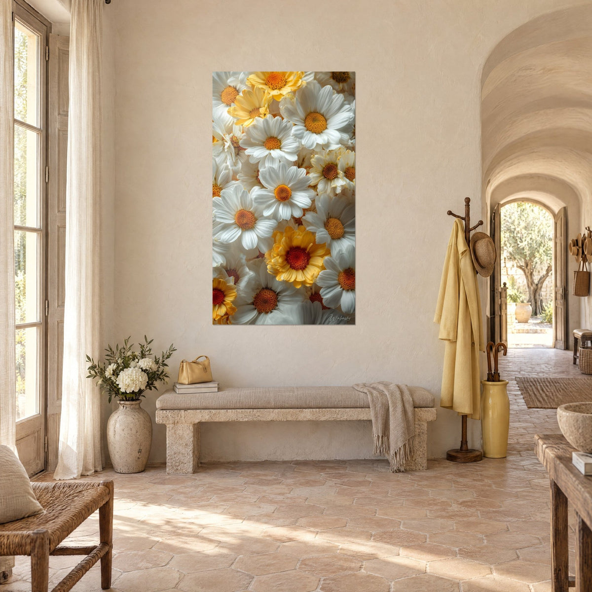 Schilderij van een compact boeket witte bloemen, een gele margriet met bloedrode meeldraden, Provençaals boerderijtje met stenen muren en okerkleurige terracottategels