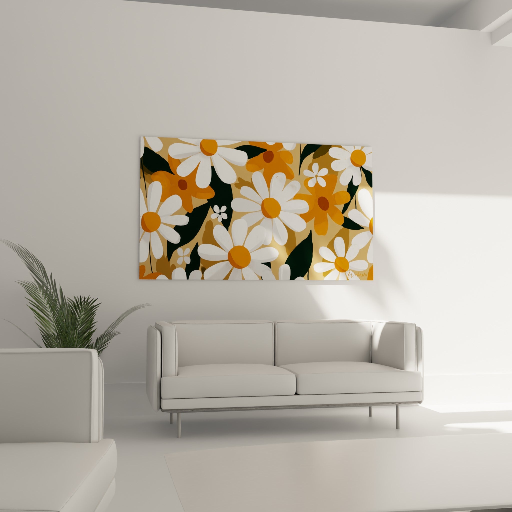 Motif floral marguerite blanc et orange accroché au-dessus d'un canapé dans un salon lumineux