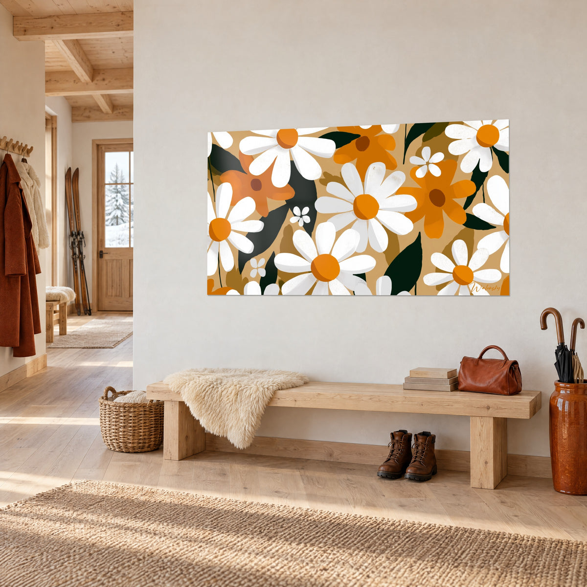 Πίνακας με floral μοτίβο από ιβουάρ πέταλα και κρόκου ανθούς που επικαλύπτονται, φύλλωμα πράσινο δάσους, σε λευκό τοίχο πάνω από ξύλινο παγκάκι σαλέ