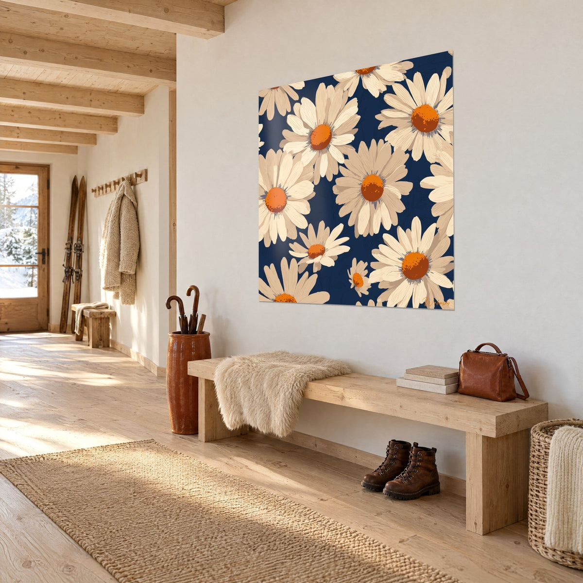 Schilderij met beige en ivoorkleurige kamillebloemen op nachtblauw, opgehangen naast een bank van licht hout in de hal van een chalet