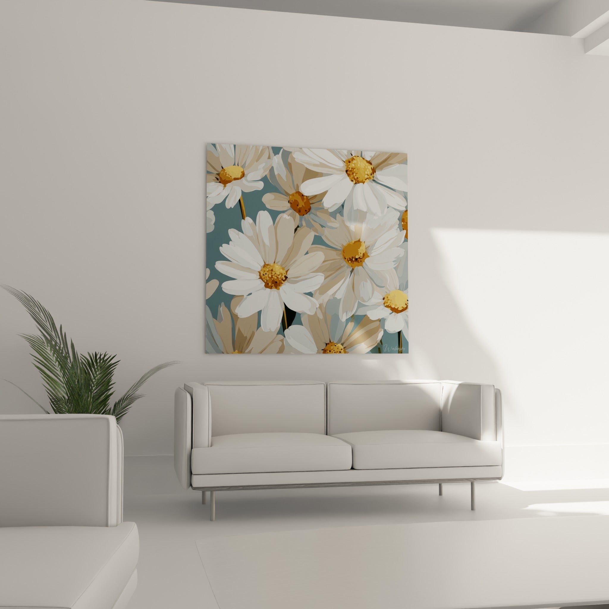 Fleurs de marguerites blanches à cœurs dorés au-dessus d'un canapé dans un salon lumineux, fond bleu doux