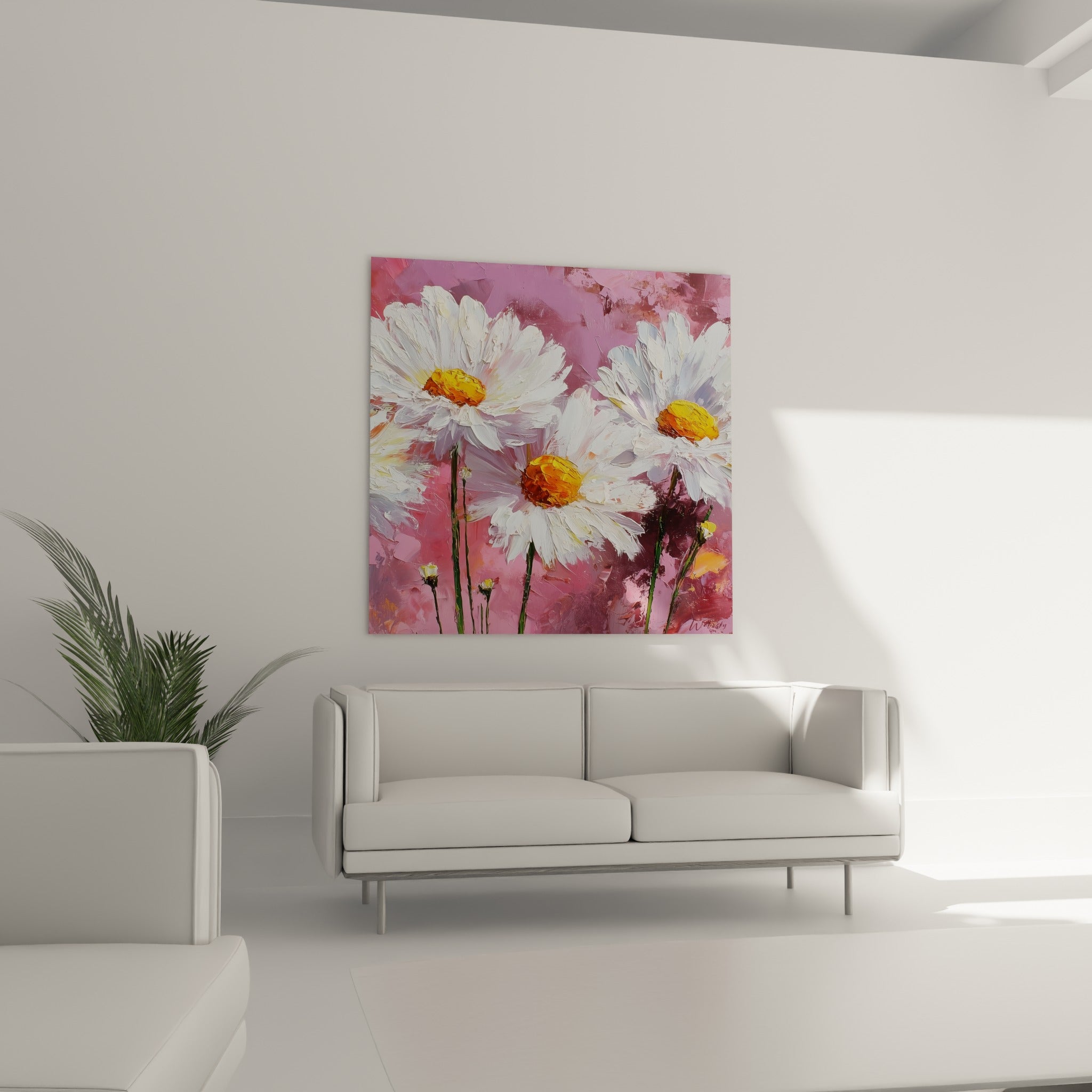 Marguerites aux pétales blancs et cœurs orangés dominent un salon lumineux au-dessus d'un canapé