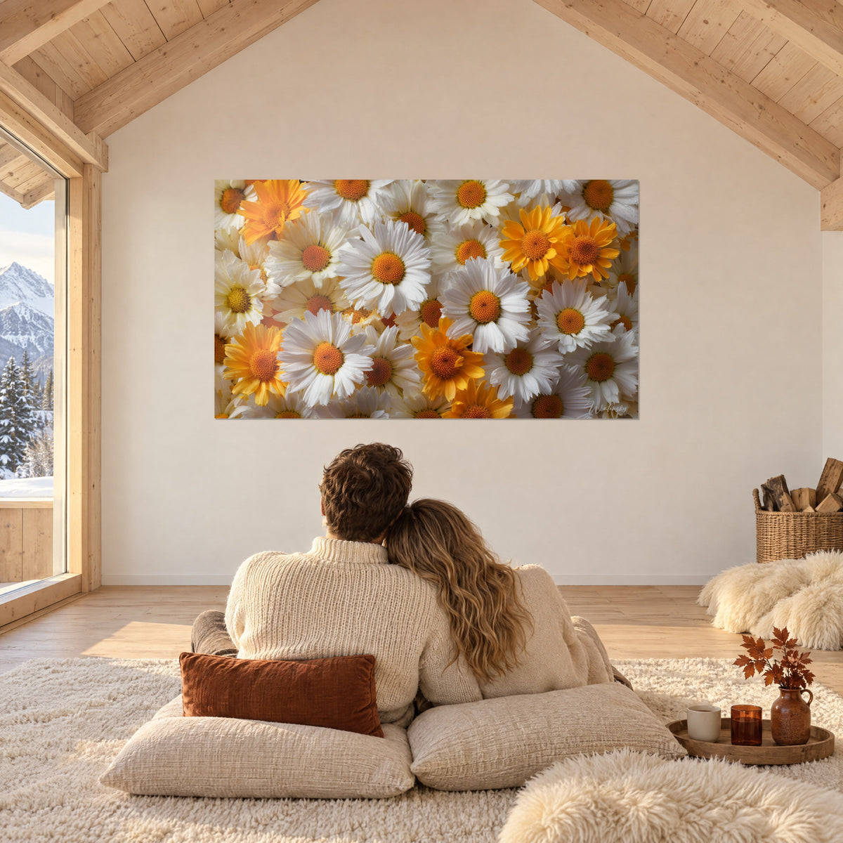 Schilderij weidebloemen in zuiver wit en goudgeel, oranje harten, voor een koppel van achteren op kussens in het chalet