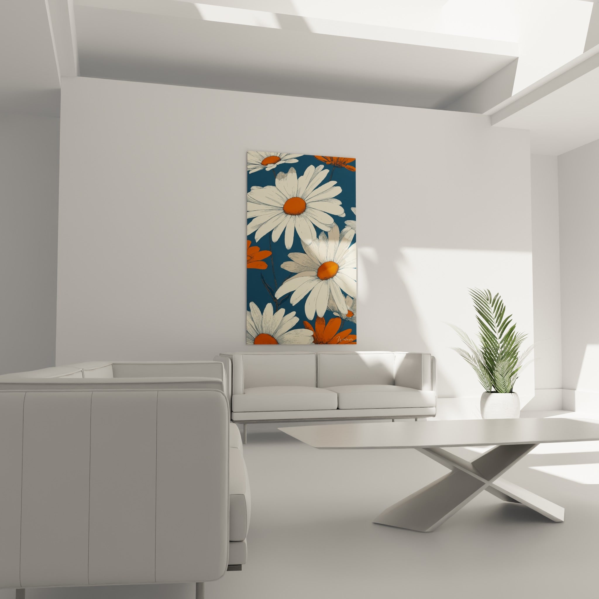 Fleurs de marguerite blanches à cœur orange positionnées au-dessus d'un canapé dans un salon lumineux