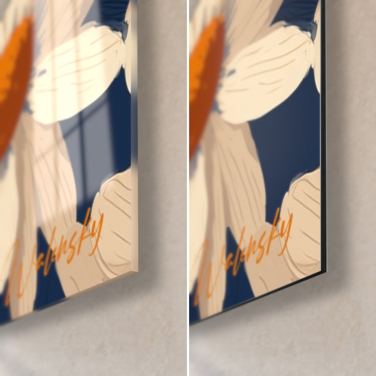 Schilderij met crème madeliestengels, rechtsonder: glanzend acrylglas en mat zwart Dibond, oranje signatuur, rand van 3 mm
