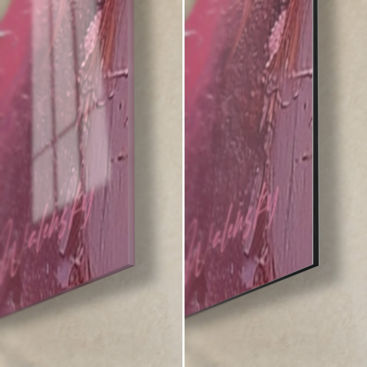 Quadro petali di margherita in impasti bianchi e rosa, angolo in basso a destra, vetro lucido a sinistra, Dibond opaco e bordo a destra