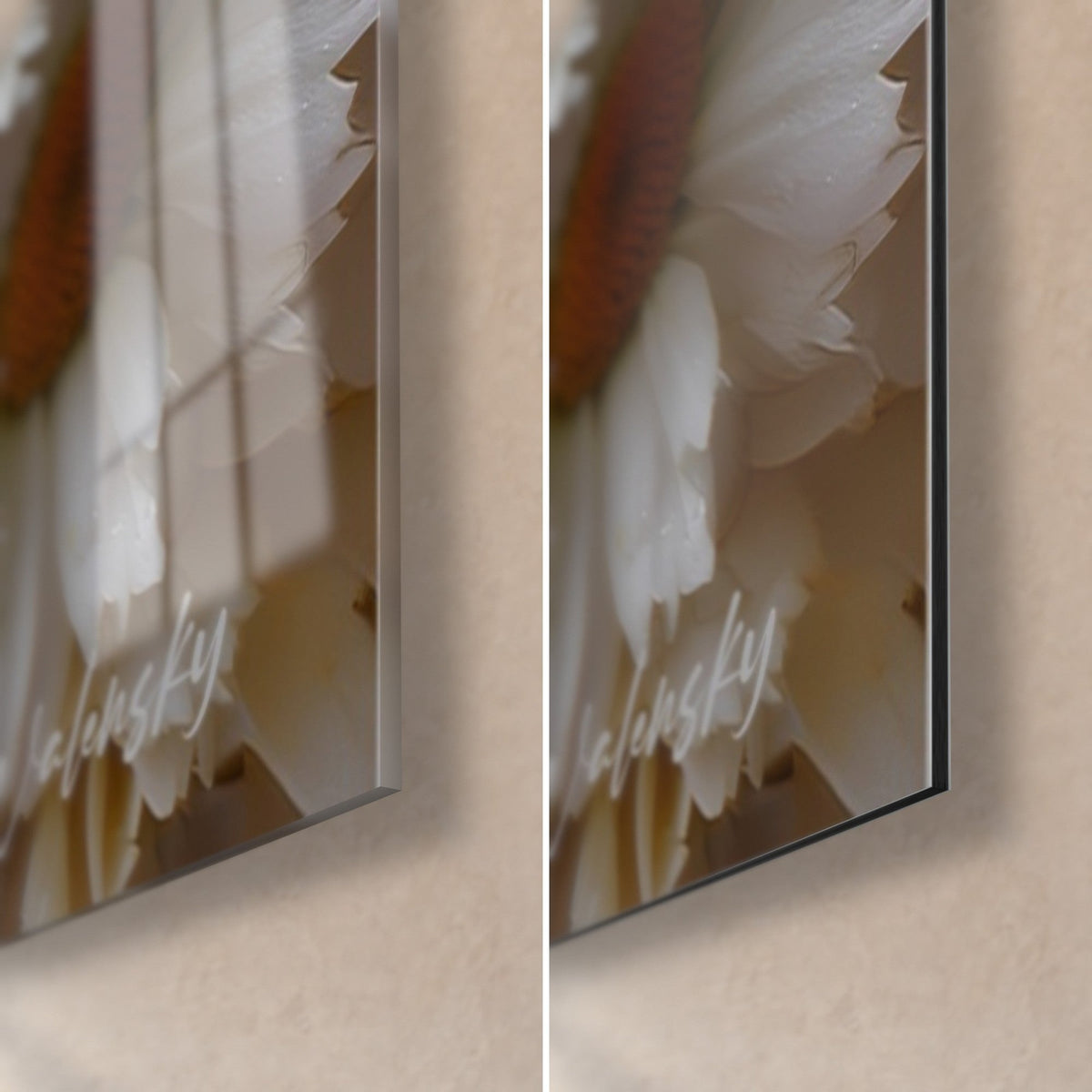 Schilderij witte en saffraangele madeliefjes, rechtsonder: glanzend acrylglas met reflecties, mat Dibond-aluminium, fijne rand