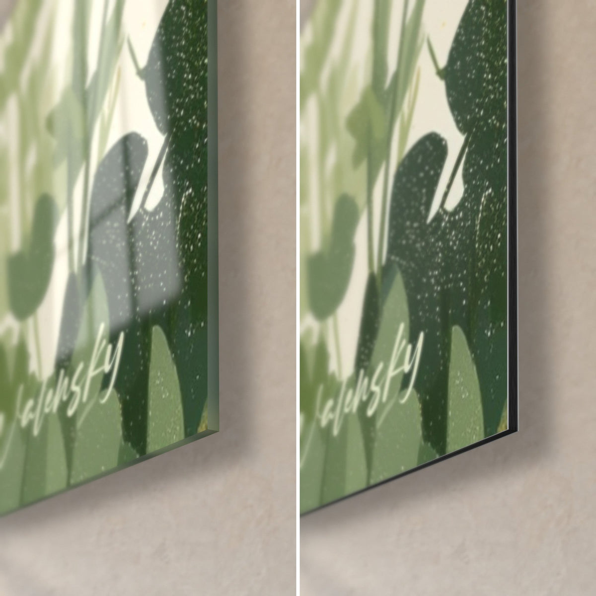 Tableau marguerites et feuilles vert profond, coin bas droit : verre brillant à reflets à gauche, Dibond noir mat à droite