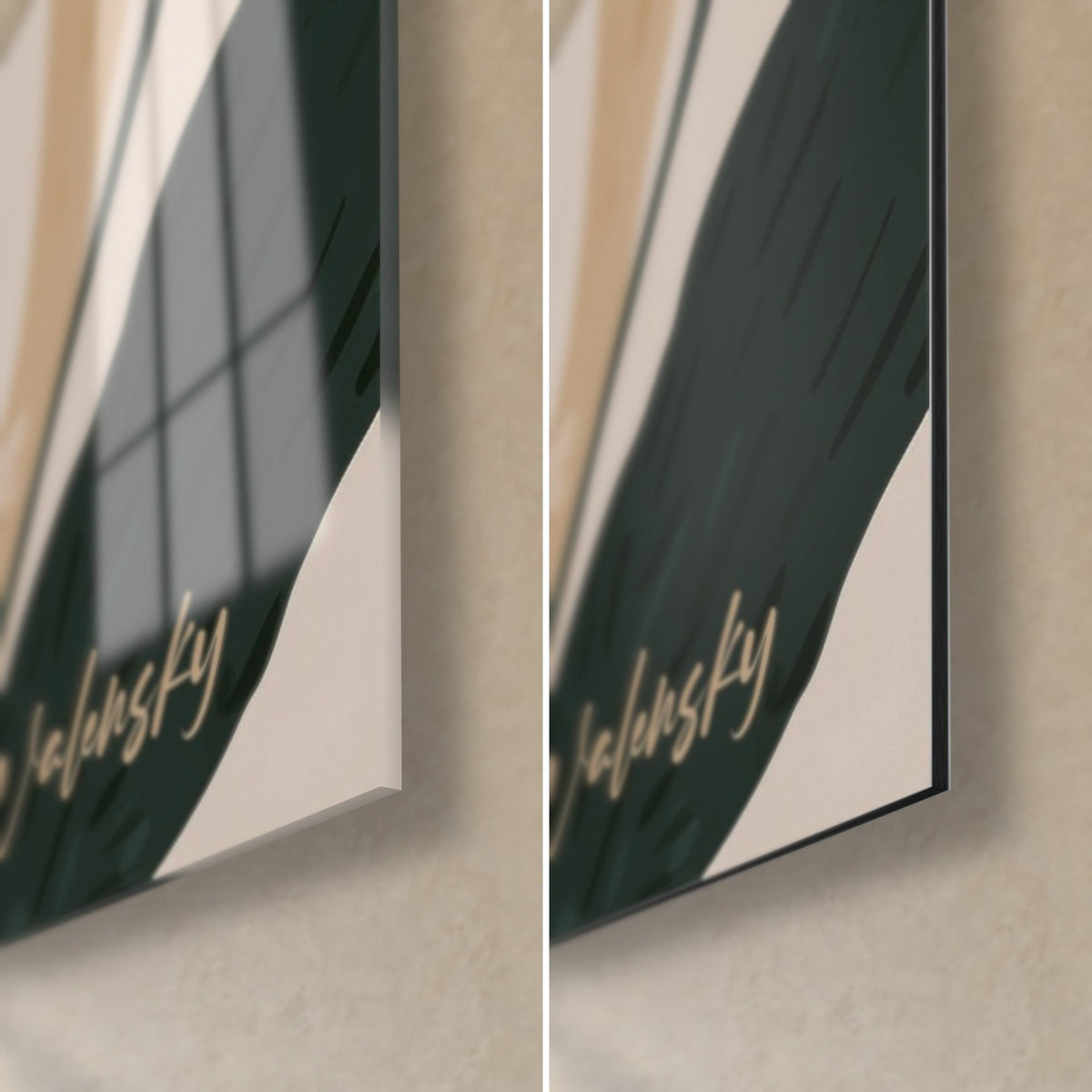Quadro fiori di margherita, angolo in basso a destra: vetro lucido che riflette la finestra a sinistra, Dibond opaco a destra, foglia antracite, bordo da 3 mm