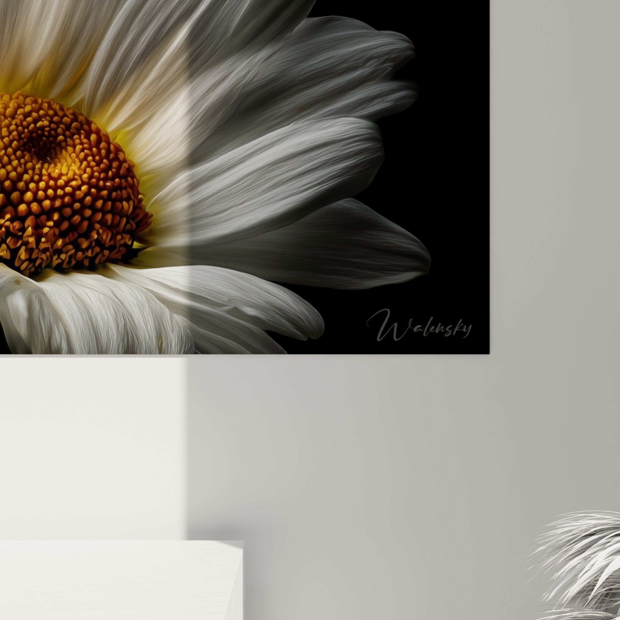 Grain soyeux des pétales blancs et texture granuleuse du cœur doré visibles de près sur la toile