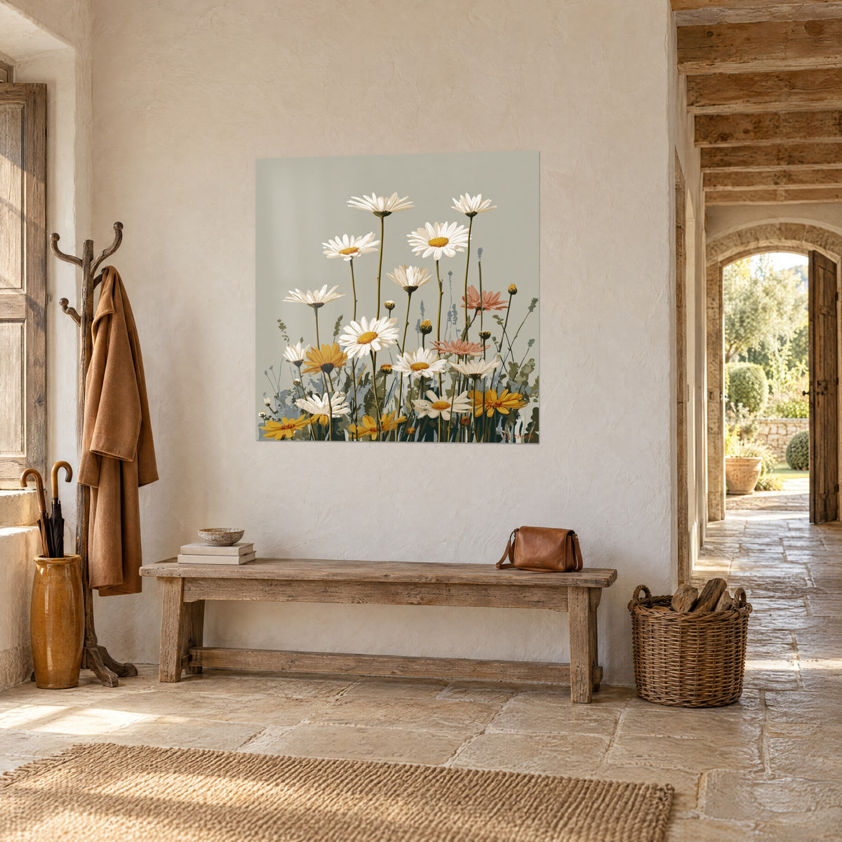 Tableau prairie de fleurs des champs aux pétales ivoire et tiges vert olive, vue de trois-quarts près d'une arche en pierre