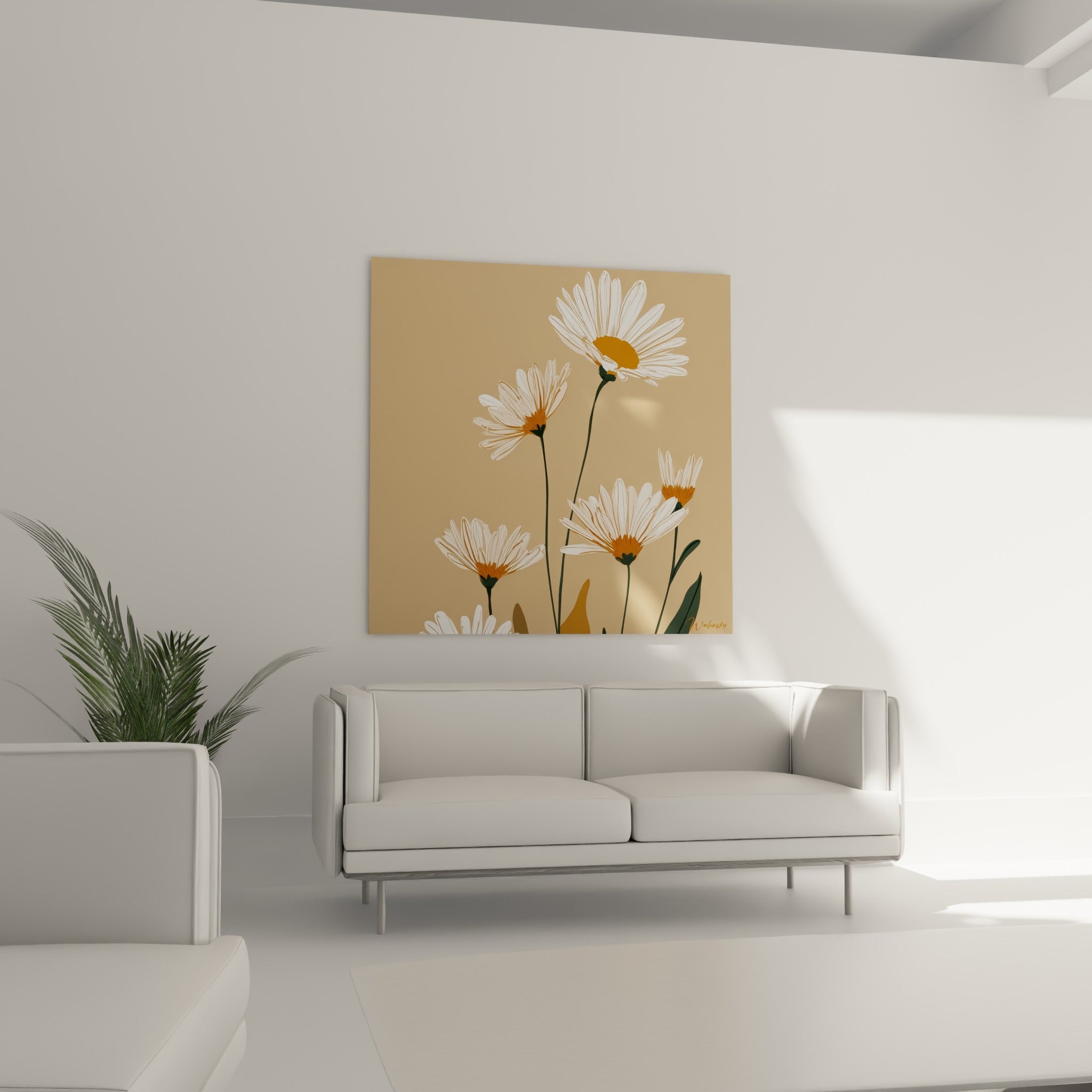 Bouquet de marguerites ocre et blanc au-dessus d'un canapé dans un salon lumineux