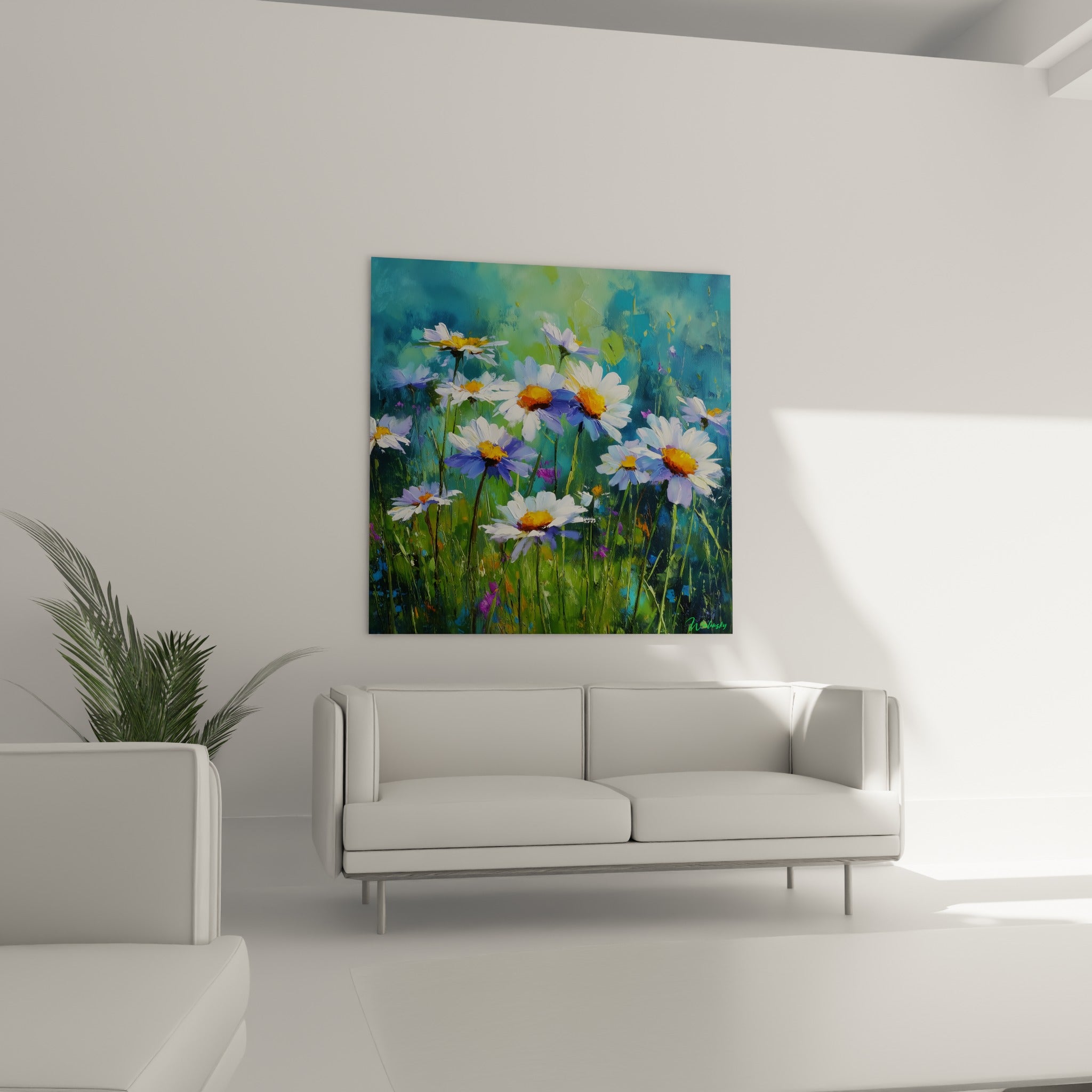 Champ de marguerites dorées et bleu turquoise disposé au-dessus d'un canapé dans un salon lumineux