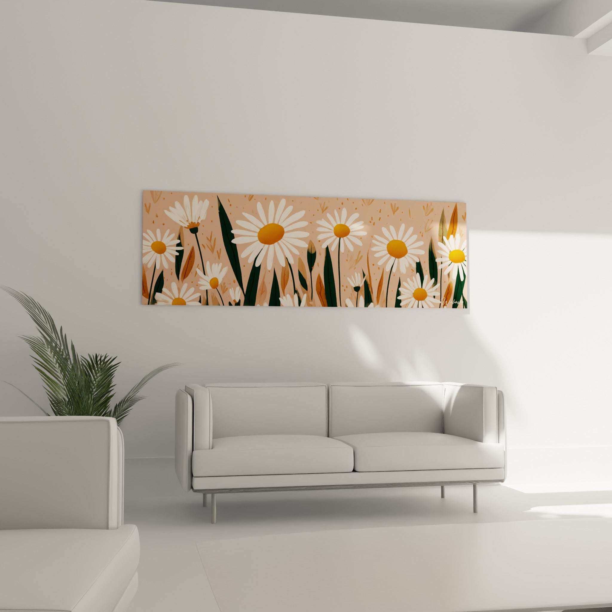 Composition de marguerites blanches et feuilles vert sapin, au-dessus d'un canapé dans un salon lumineux