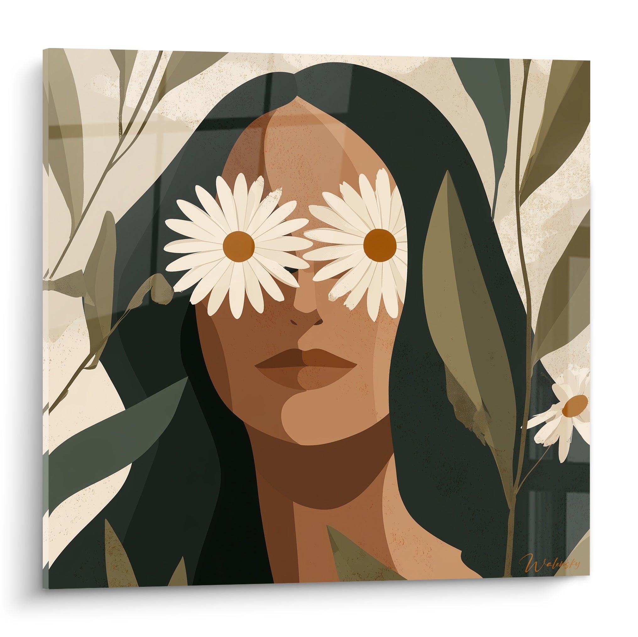 Marguerite, visage anthracite et terracotta aux yeux couverts de marguerites blanches et feuillage olive