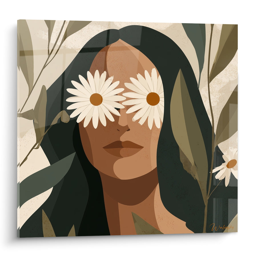 Tableau Portrait brun et vert aux marguerites masquant les yeux - Chevelure noire feuillue - Edition Marguerite