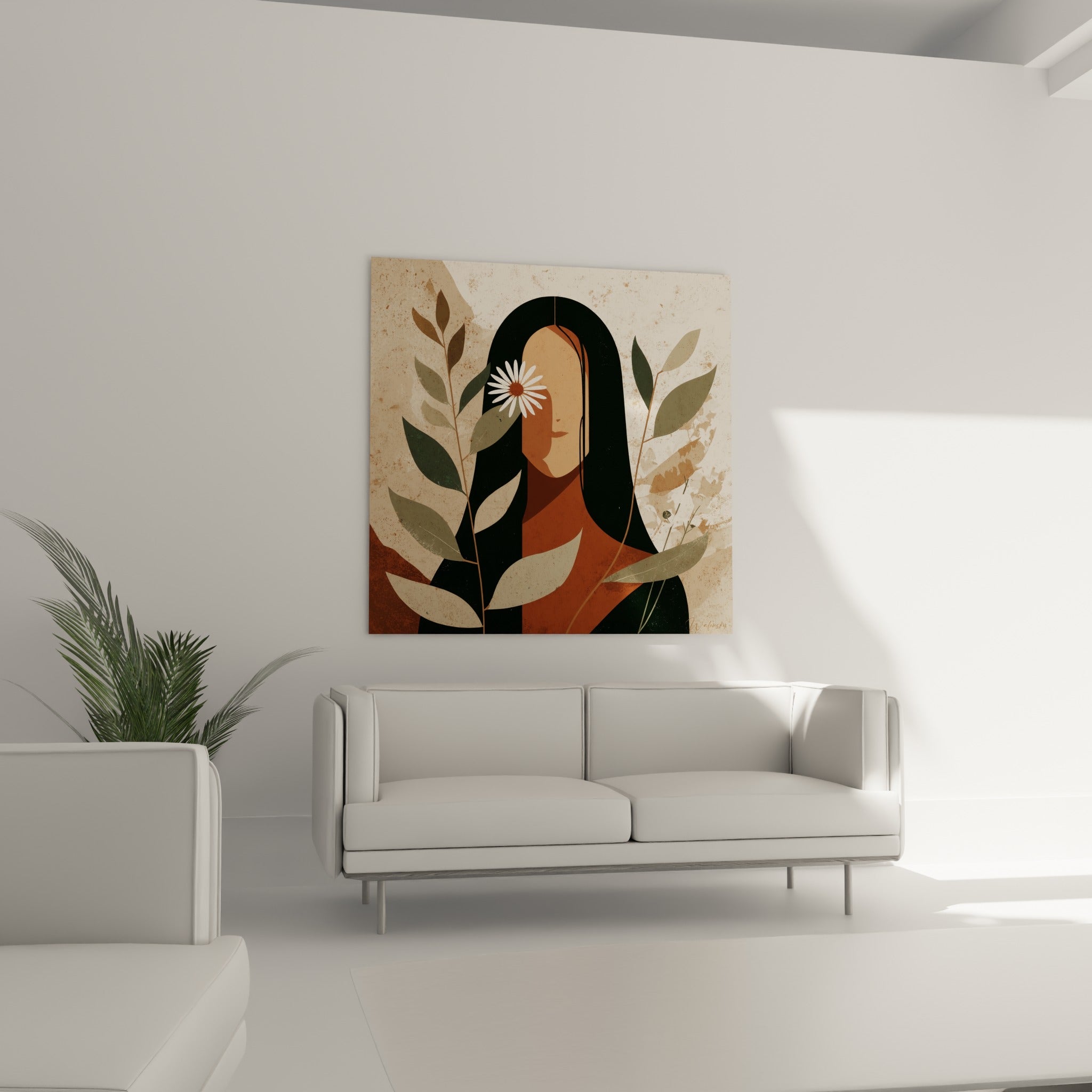 Femme stylisée aux feuillages sauge et fleur blanche, suspendue au-dessus d'un canapé dans un salon lumineux