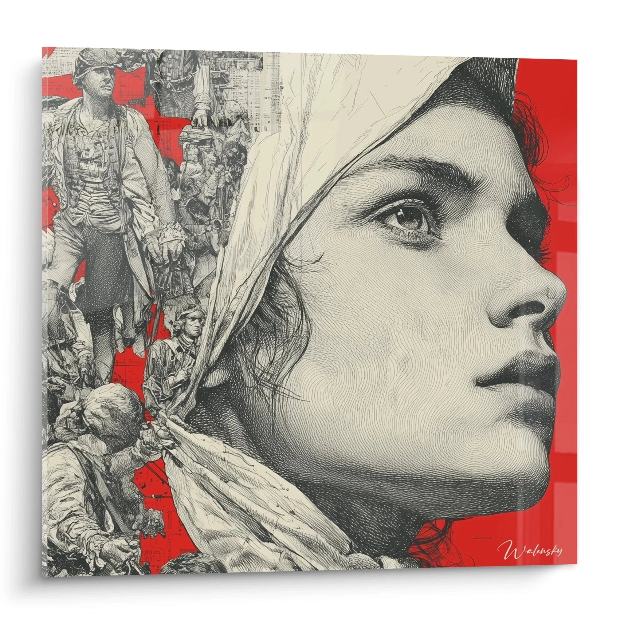 tableau Marianne révolution française Walensky peinture murale profil de Marianne sur fond rouge et scènes de révolution