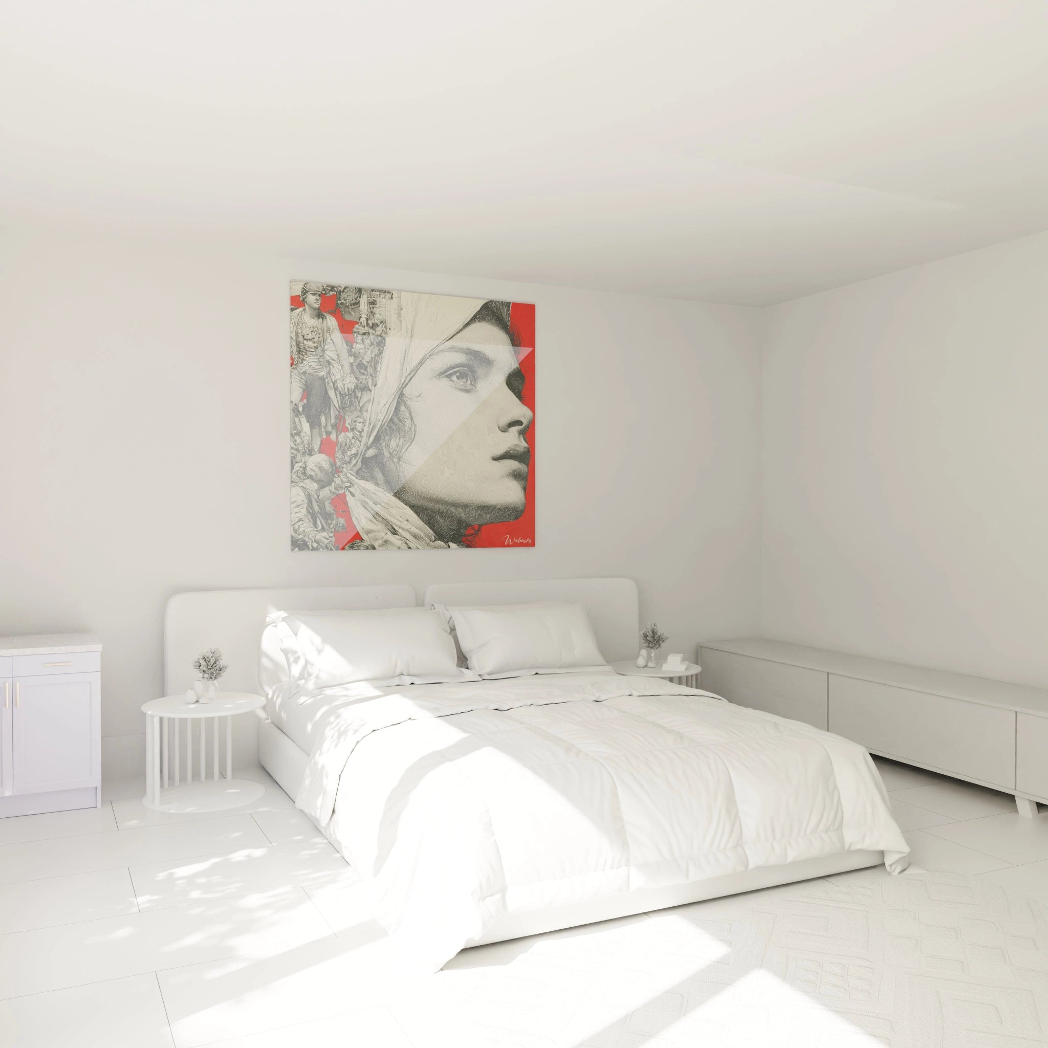 Tableau mural Walensky portrait stylise de Marianne rouge au dessus d un lit blanc tableau Marianne révolution française