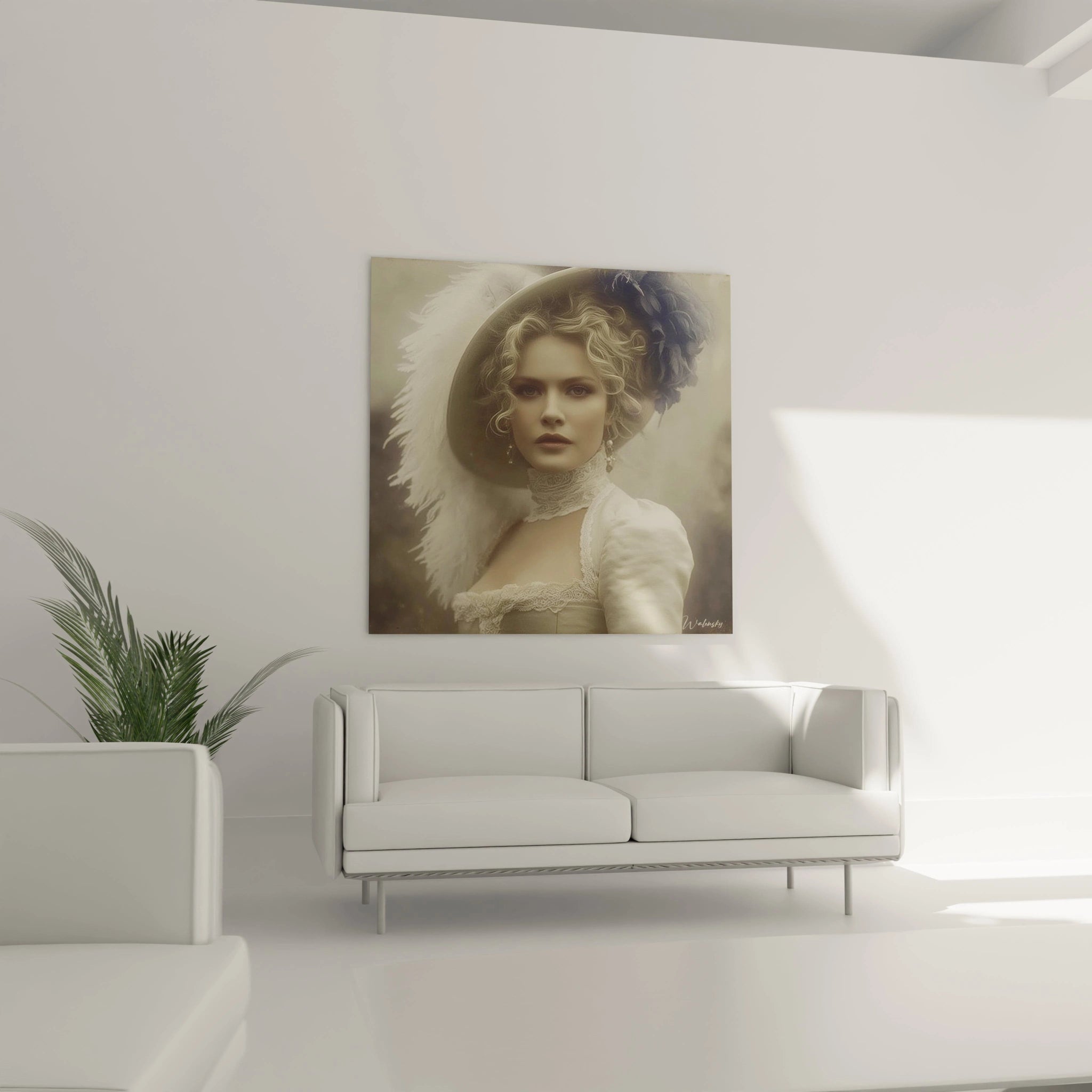tableau Marie-Antoinette haut de gamme Walensky portrait féminin en costume XVIIIe siècle cadre mural au dessus d un canapé blanc