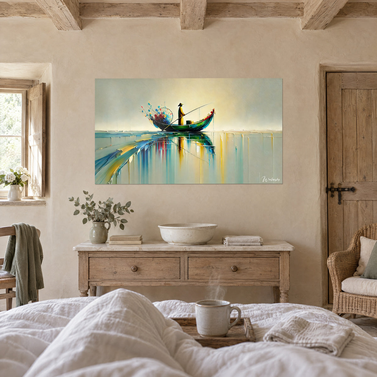 Gemälde Silhouette in Senfgelb beim Angeln, blaue und ockerfarbene Schlieren, über einem Bett in einem hellen Schlafzimmer