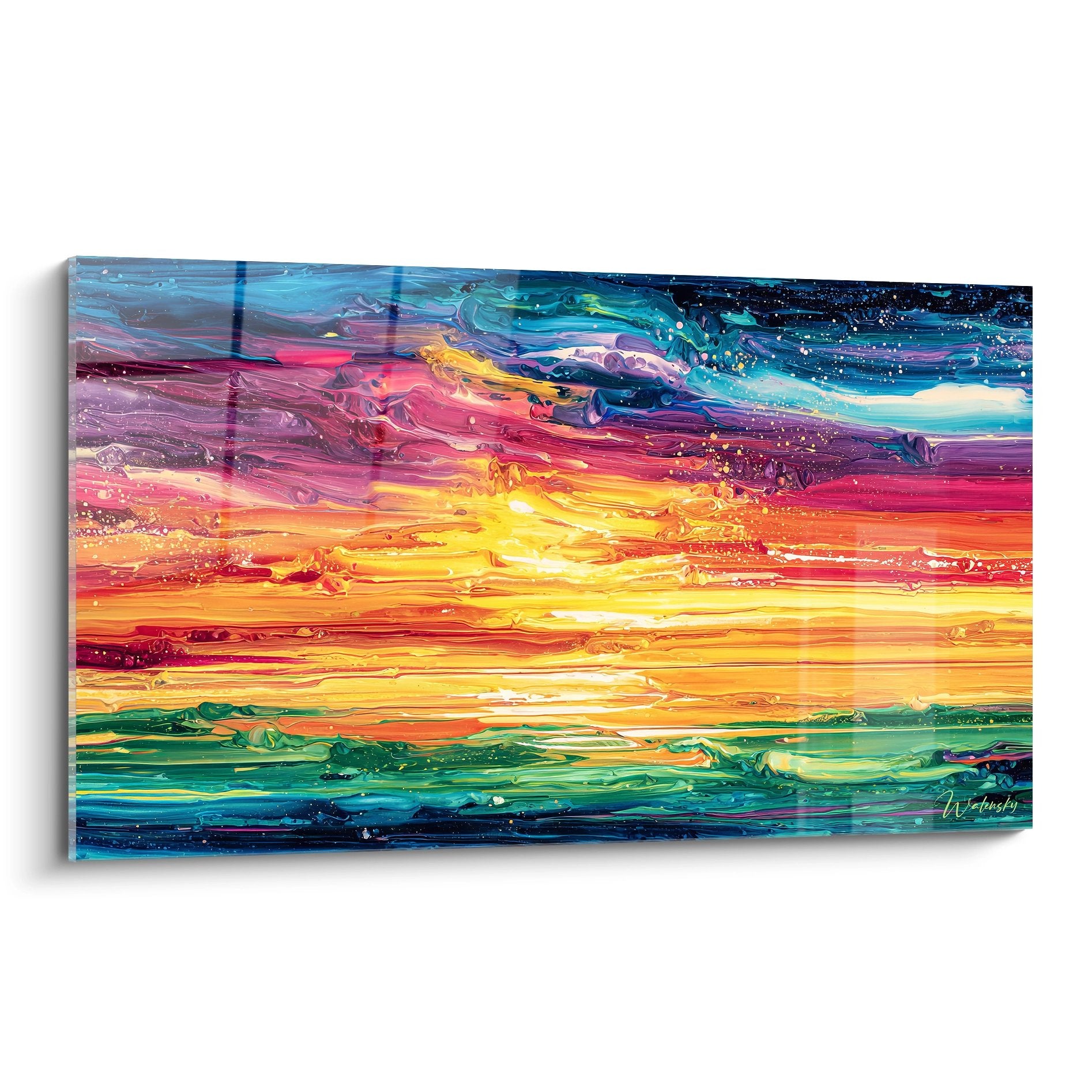 Tableau abstrait style raclé représentant coucher soleil maritime aux couleurs flamboyantes orange rouge bleu