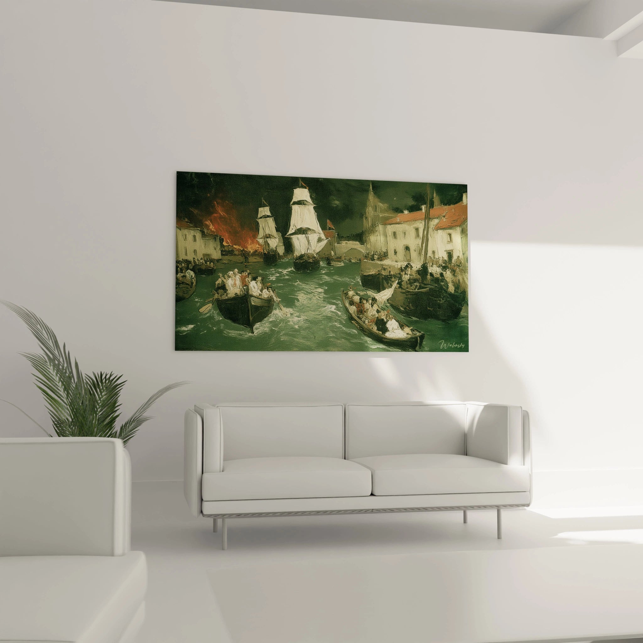 Tableau mural Walensky tableau maritime réalisme peinture de port realiste avec voiliers et barques au dessus du canape