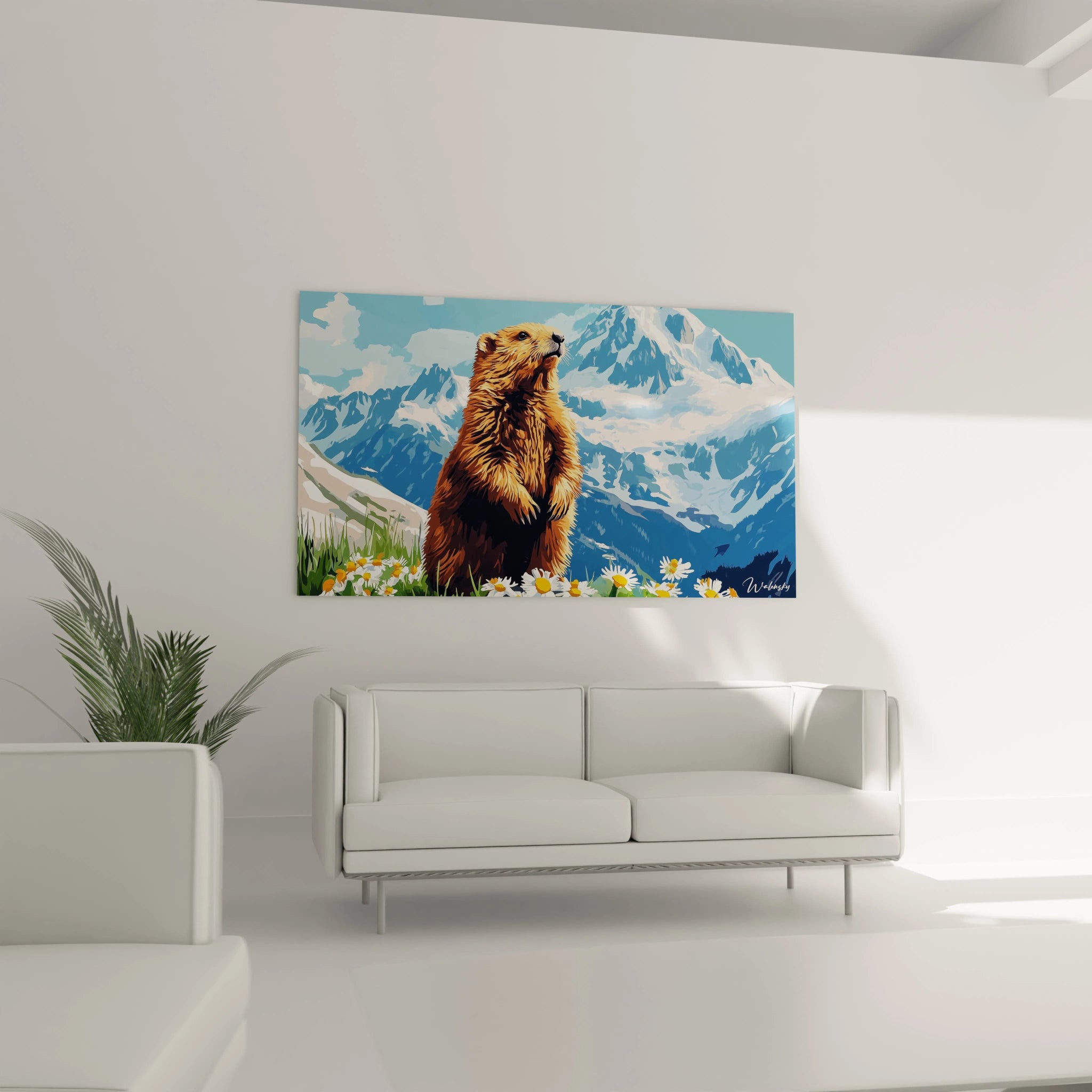 Un tableau marmotte capturant un rongeur alpin au pelage roux dressé parmi des marguerites blanches, devant des montagnes enneigées aux reflets bleus. Traitement semi-réaliste avec textures détaillées du pelage et des reliefs montagneux.
