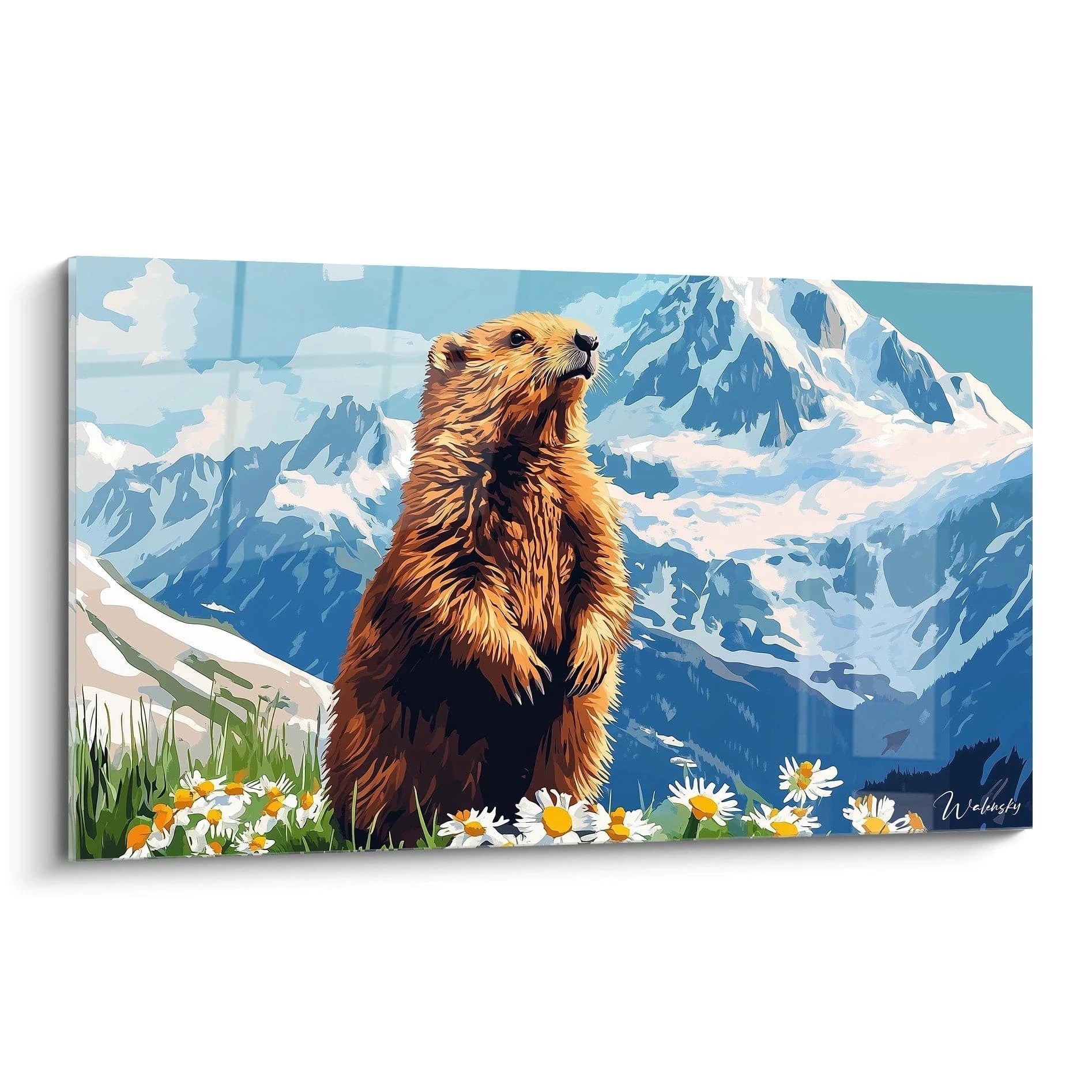 Un tableau marmotte représentant l'animal dressé sur ses pattes arrière face à des montagnes enneigées, avec des marguerites blanches au premier plan. Contraste marqué entre le pelage orangé de la marmotte et les teintes bleues des sommets.
