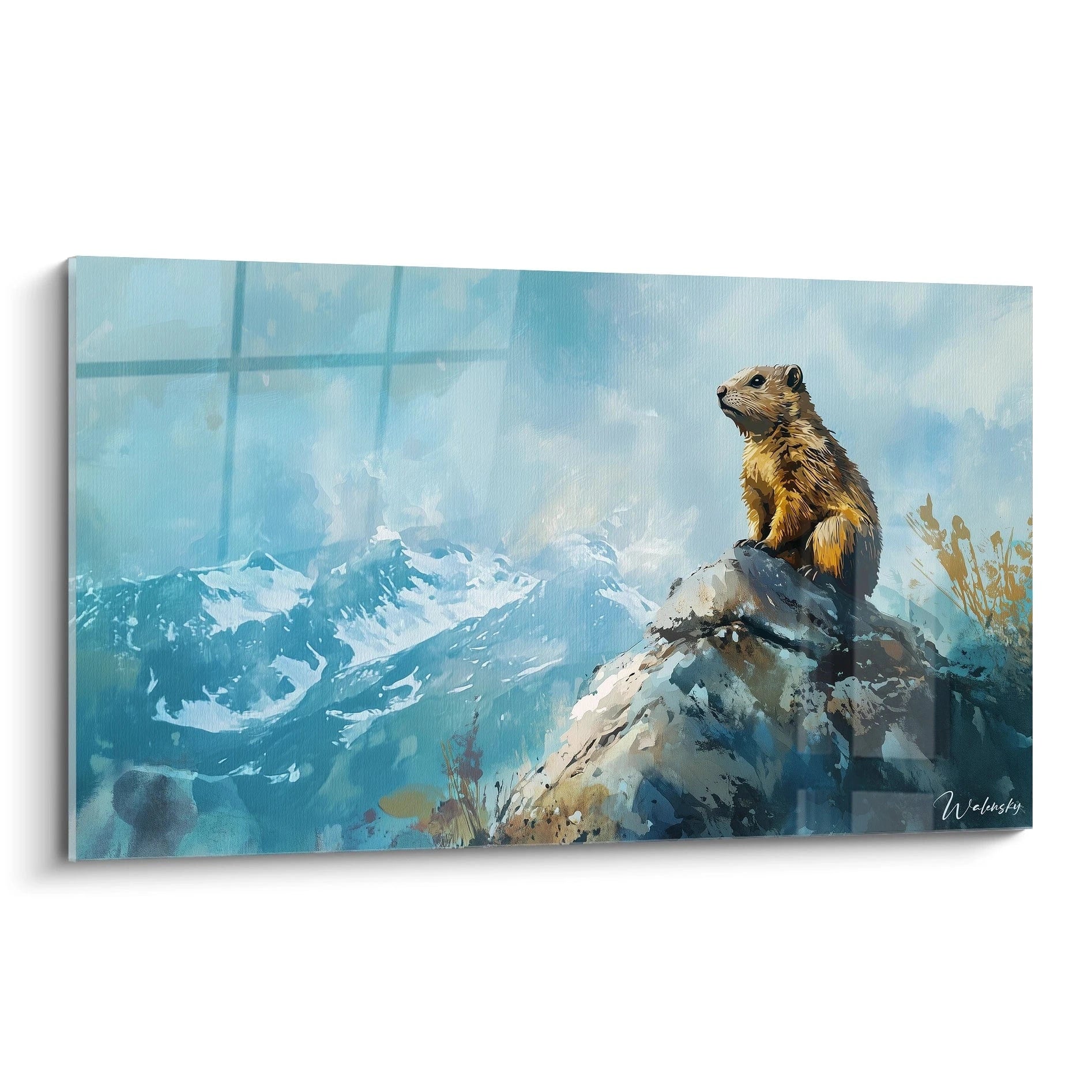 Un tableau marmotte présentant un rongeur alpin au pelage doré perché sur un rocher gris, observant un paysage de montagnes enneigées sous un ciel bleu turquoise, avec des textures expressives et des coups de pinceau visibles.
