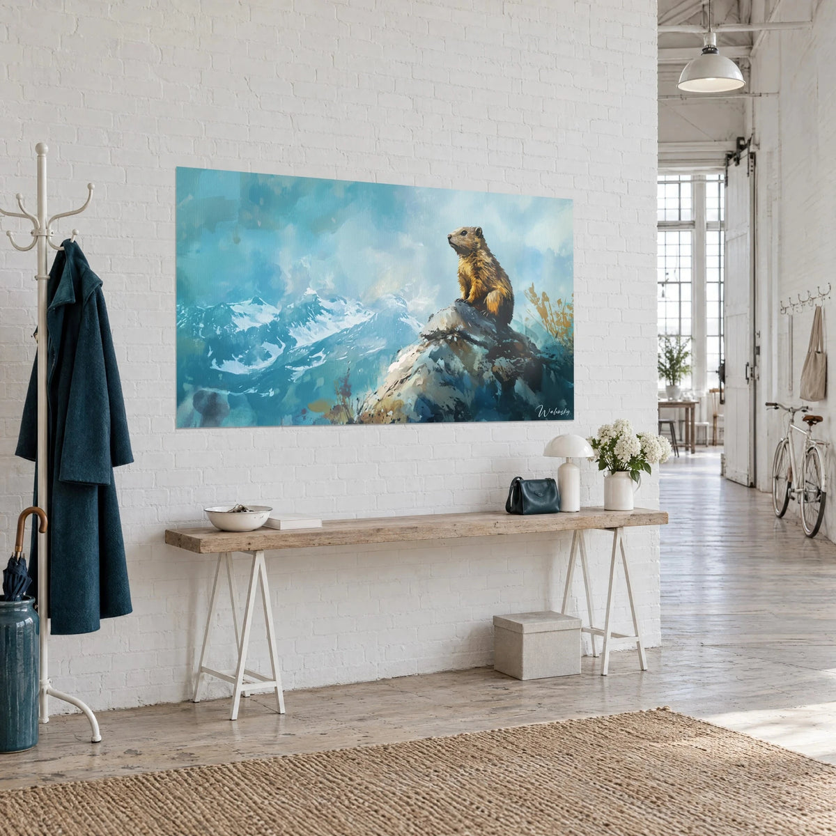 Wall art alpine rodent in ochre perched on the rock, white ridges and turquoise sky painted in oil, three-quarter view in a loft