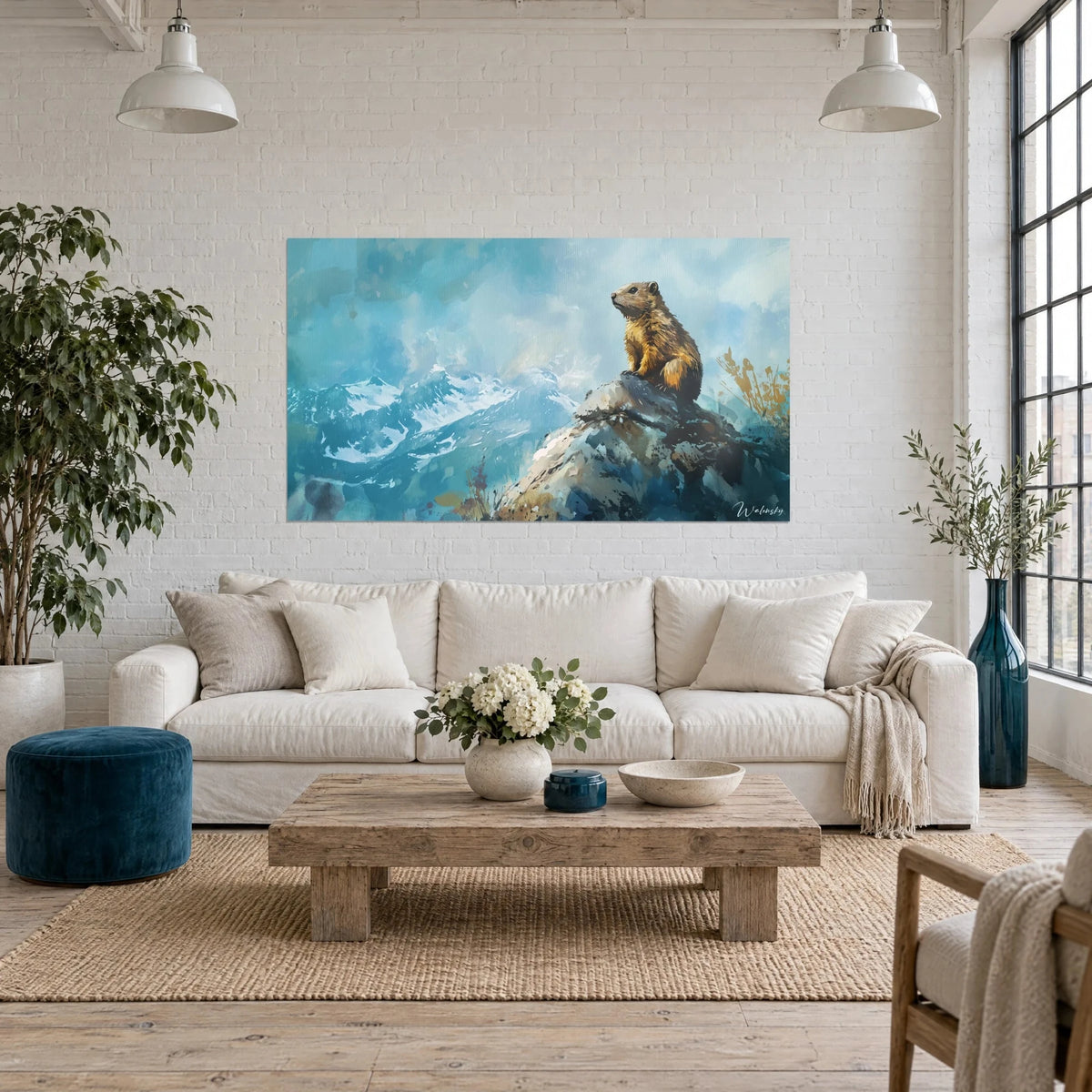 Wall art marmot with golden fur, sitting on a grey-blue rock facing snowy peaks, above a sofa in a bright living room